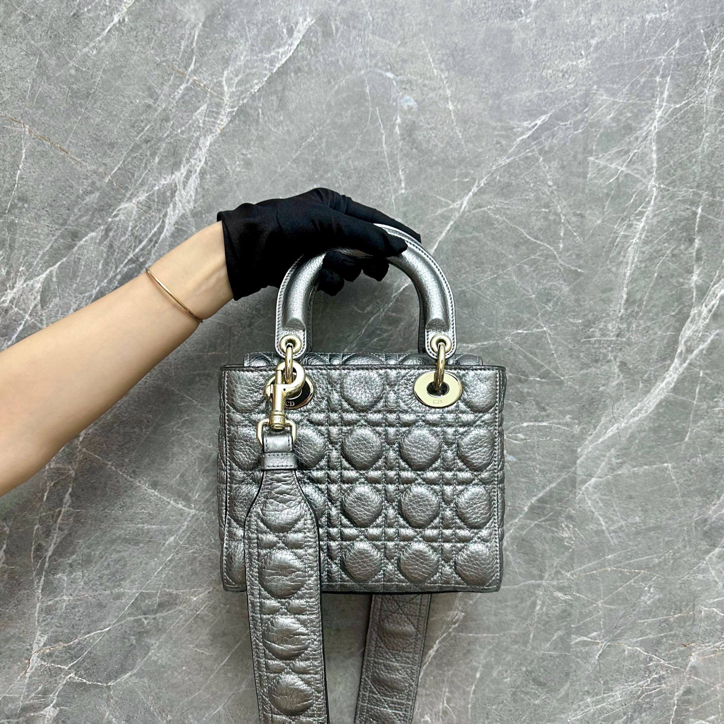 *Like New* Dior Lady Small Metallic Grey Calfskin GHW - Luxury Evermore