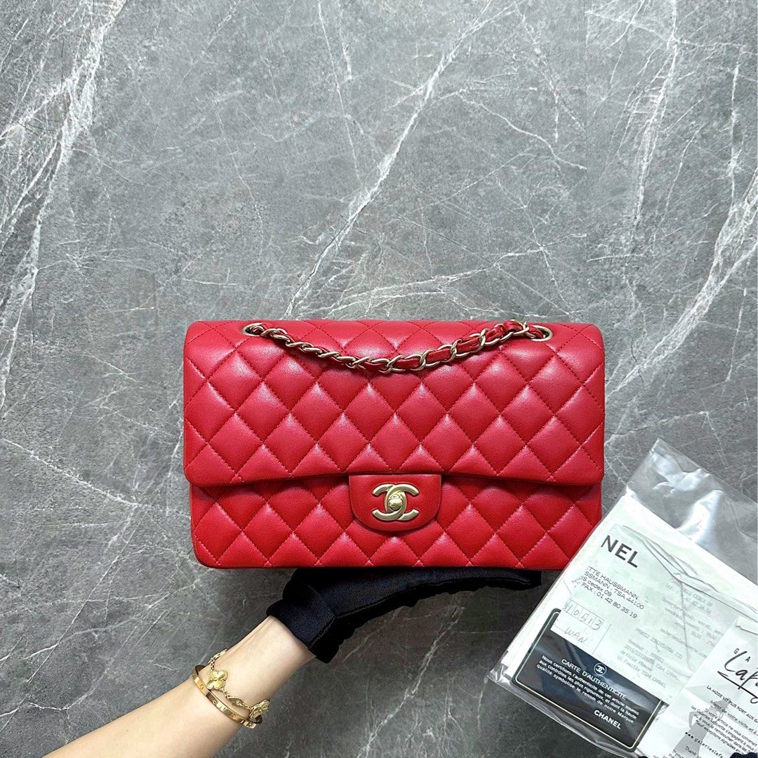 *Like New Full Set* Chanel Medium Classic Flap Lambskin Red GHW No 18 - Luxury Evermore