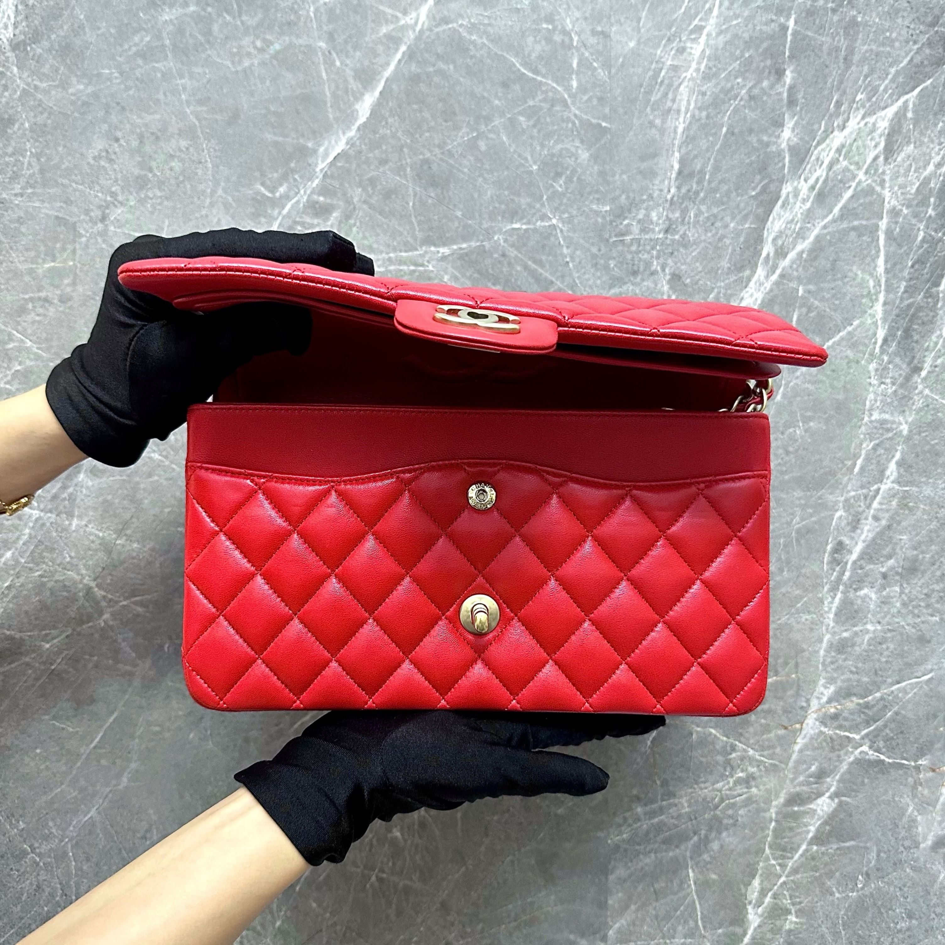 *Like New Full Set* Chanel Medium Classic Flap Lambskin Red GHW No 18 - Luxury Evermore