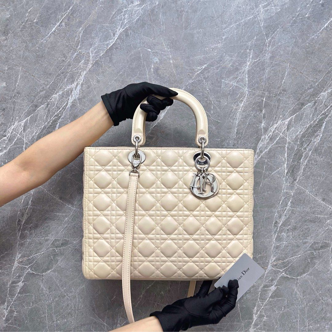 *Like New, Lamb* Dior Lady Large Lambskin Cream Leather Bag - Luxury Evermore