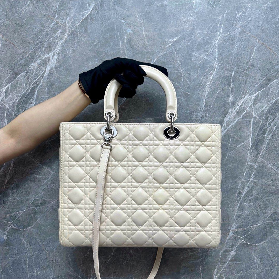 *Like New, Lamb* Dior Lady Large Lambskin Cream Leather Bag - Luxury Evermore