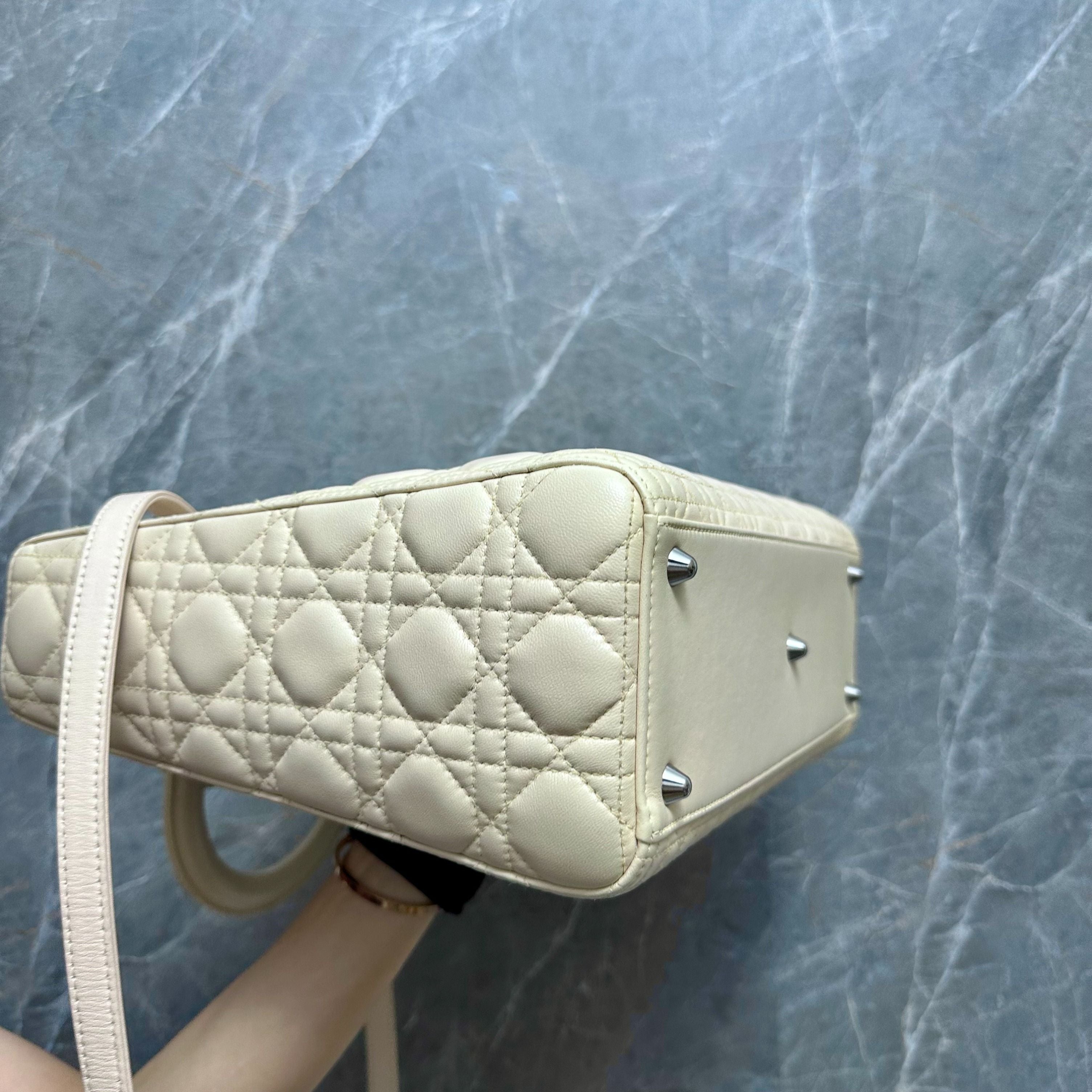 *Like New, Lamb* Dior Lady Large Lambskin Cream Leather Bag - Luxury Evermore