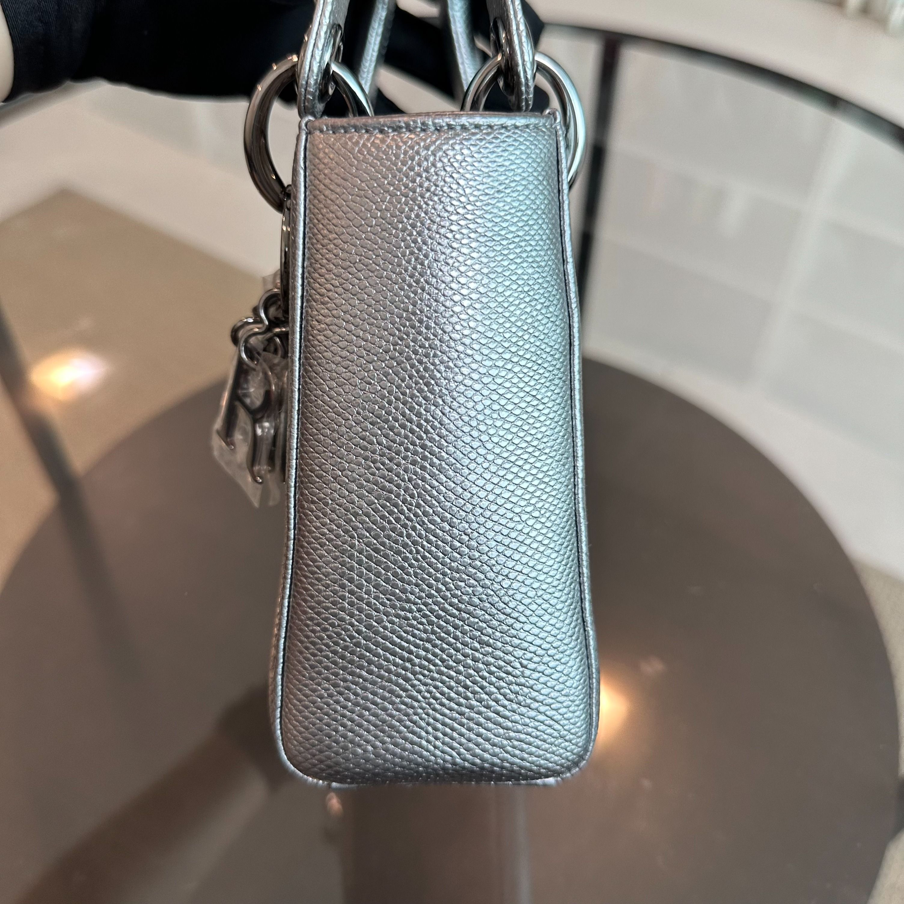 *Like New, Lizard* Dior Lady Mini Lizard Silver Metallic Adjustable Strap SHW - Luxury Evermore