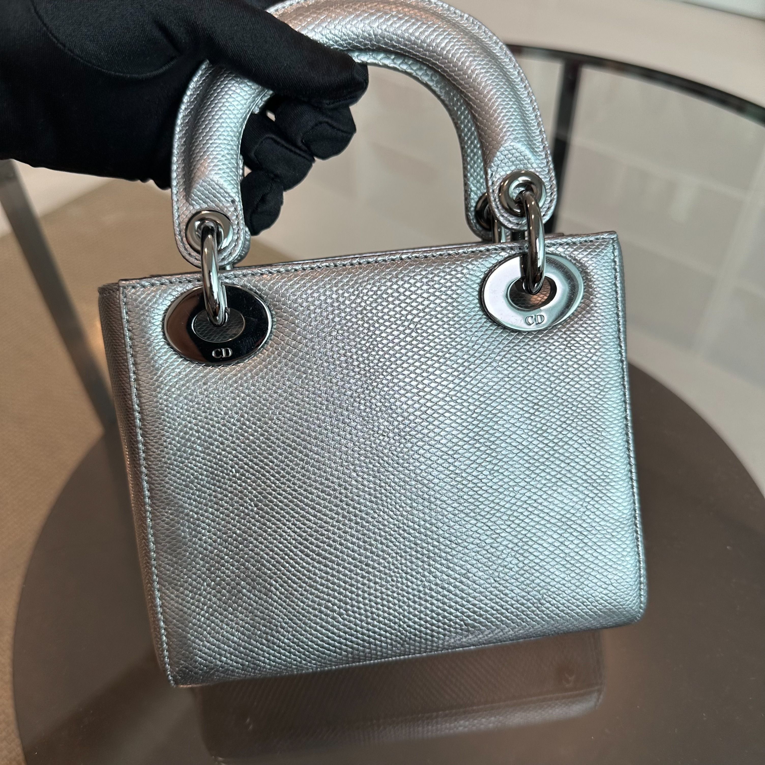 *Like New, Lizard* Dior Lady Mini Lizard Silver Metallic Adjustable Strap SHW - Luxury Evermore