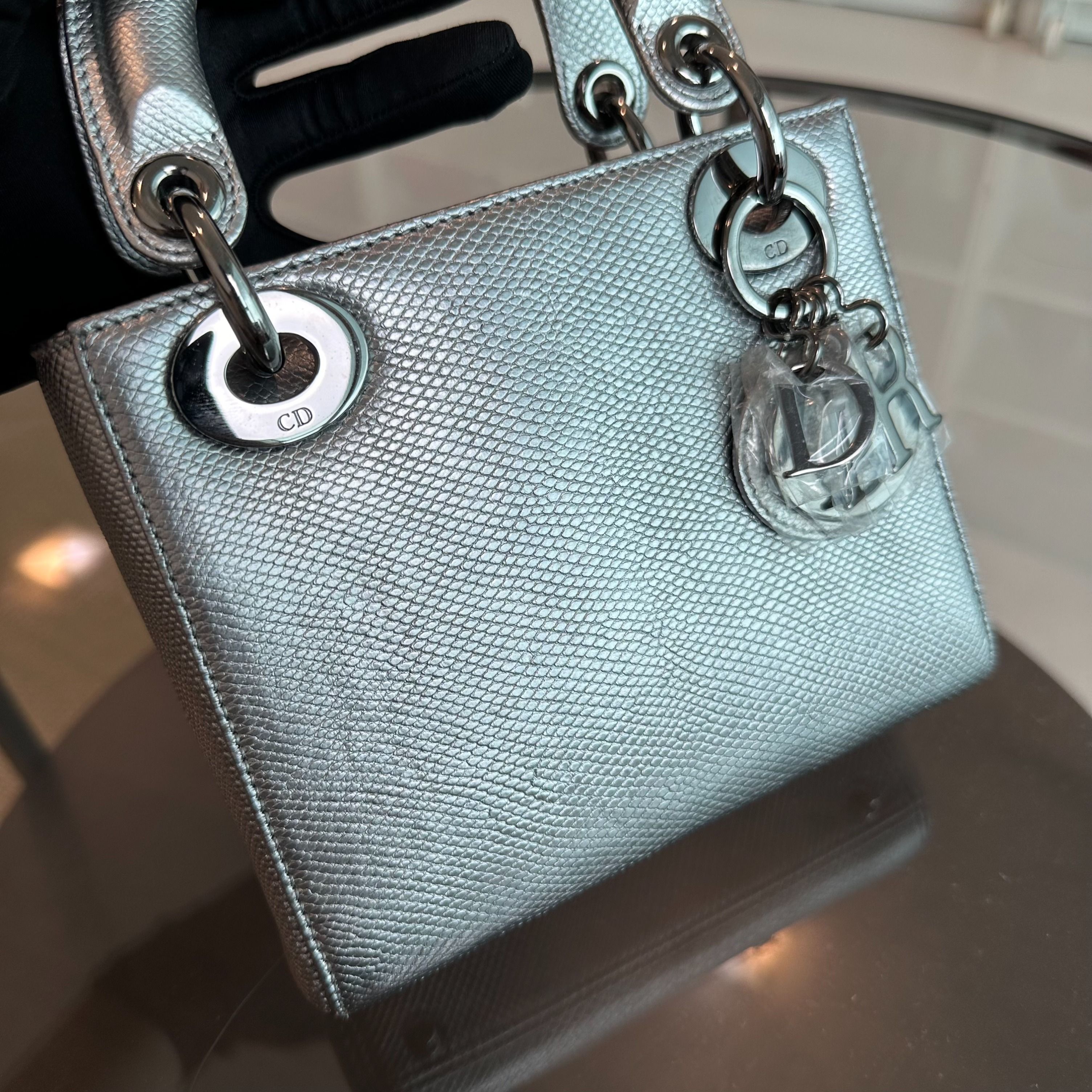 *Like New, Lizard* Dior Lady Mini Lizard Silver Metallic Adjustable Strap SHW - Luxury Evermore