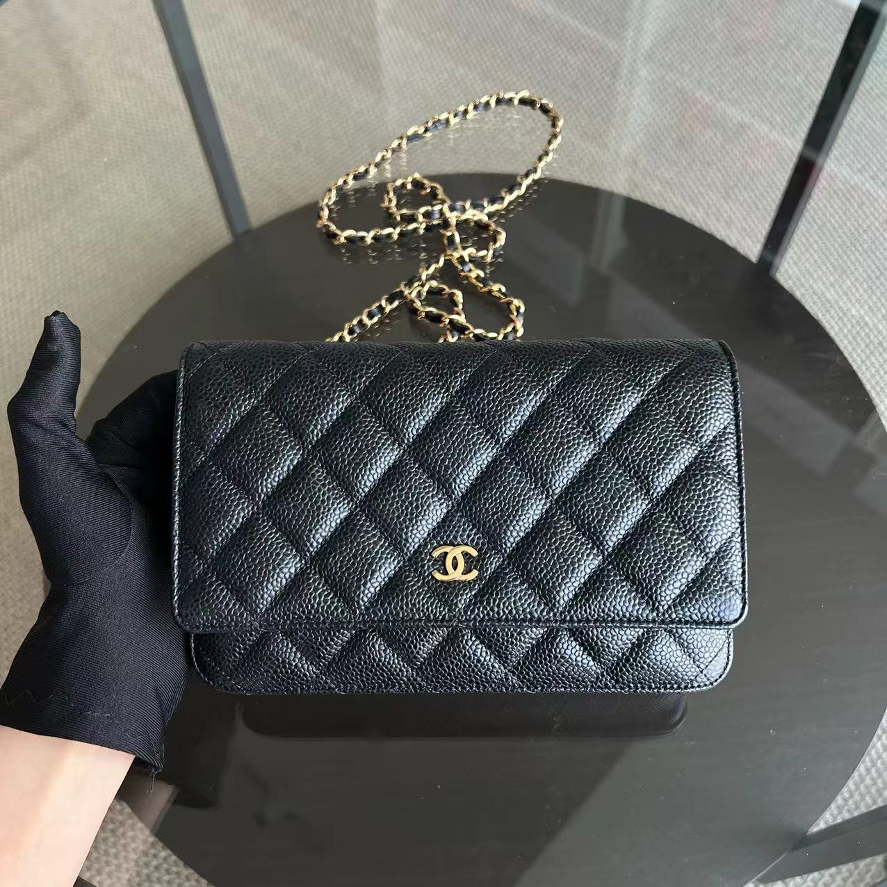 *Like New, Receipt Full Set* Chanel Caviar WOC Wallet On Chain Quilted Grained Calfskin Black Golden Hardware Series 31 - Luxury Evermore