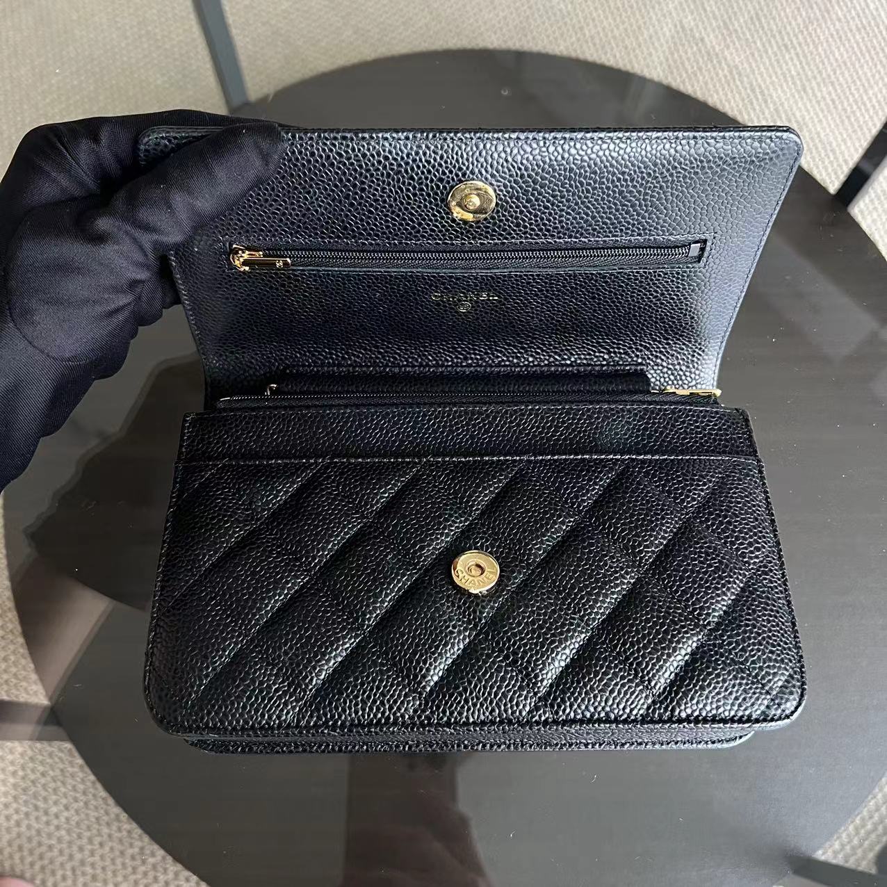 *Like New, Receipt Full Set* Chanel Caviar WOC Wallet On Chain Quilted Grained Calfskin Black Golden Hardware Series 31 - Luxury Evermore