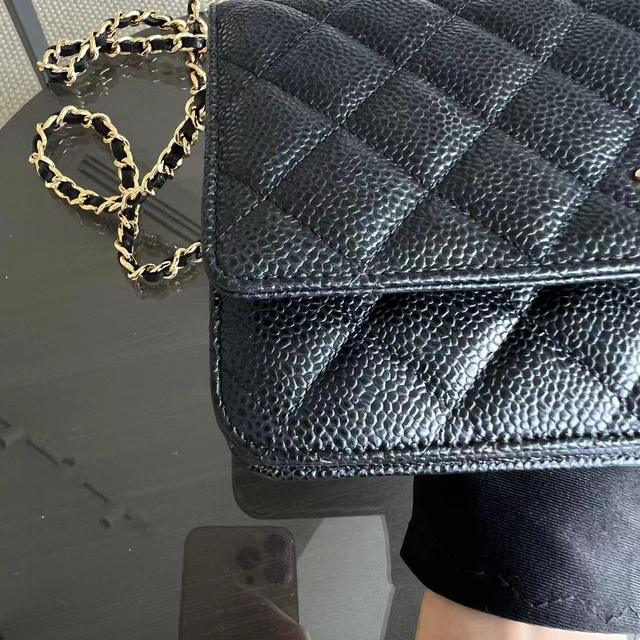 *Like New, Receipt Full Set* Chanel Caviar WOC Wallet On Chain Quilted Grained Calfskin Black Golden Hardware Series 31 - Luxury Evermore