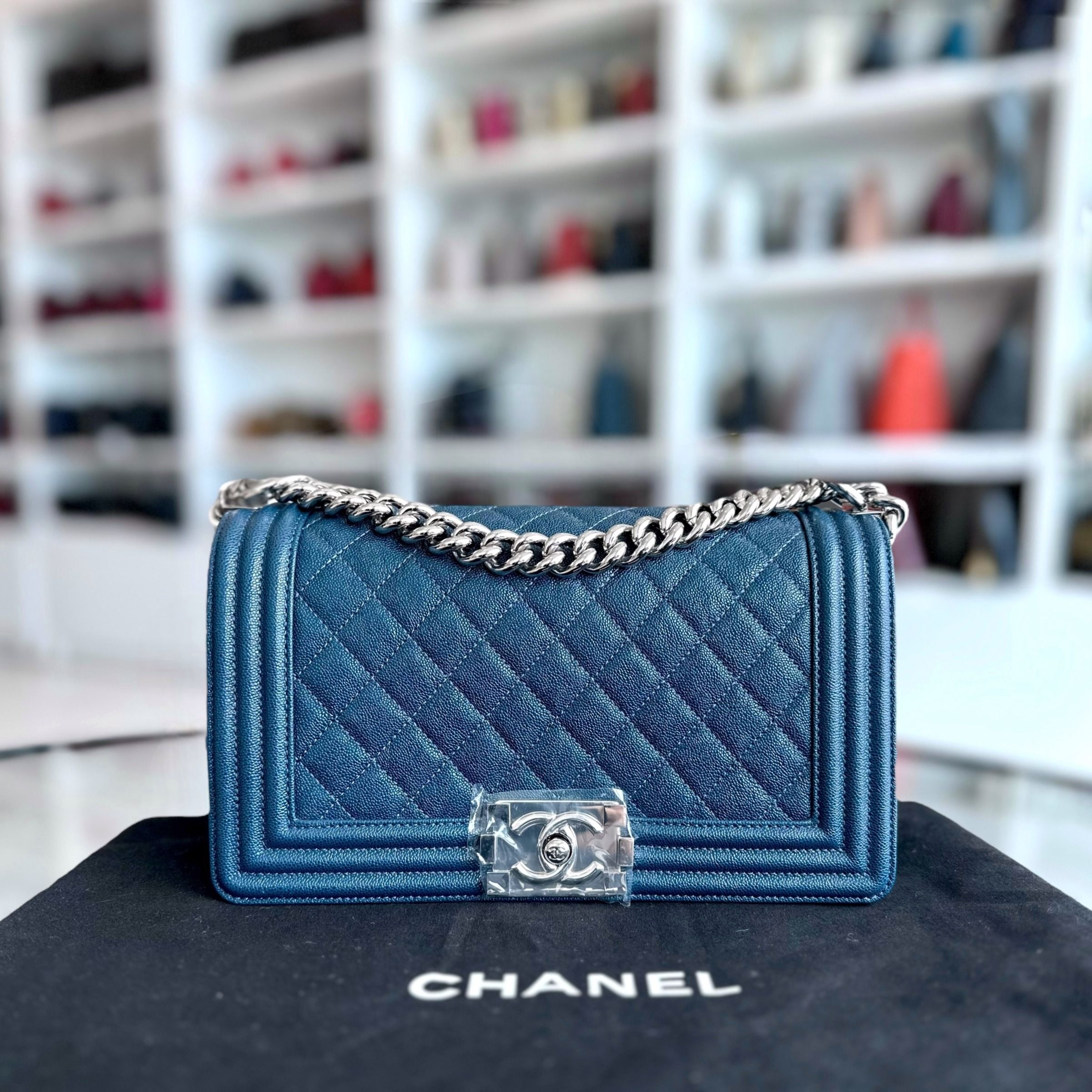 *Like New, Series 28* Chanel Caviar Boy Old Medium 25CM Quilted Calfskin Dark Blue No 28 - Luxury Evermore