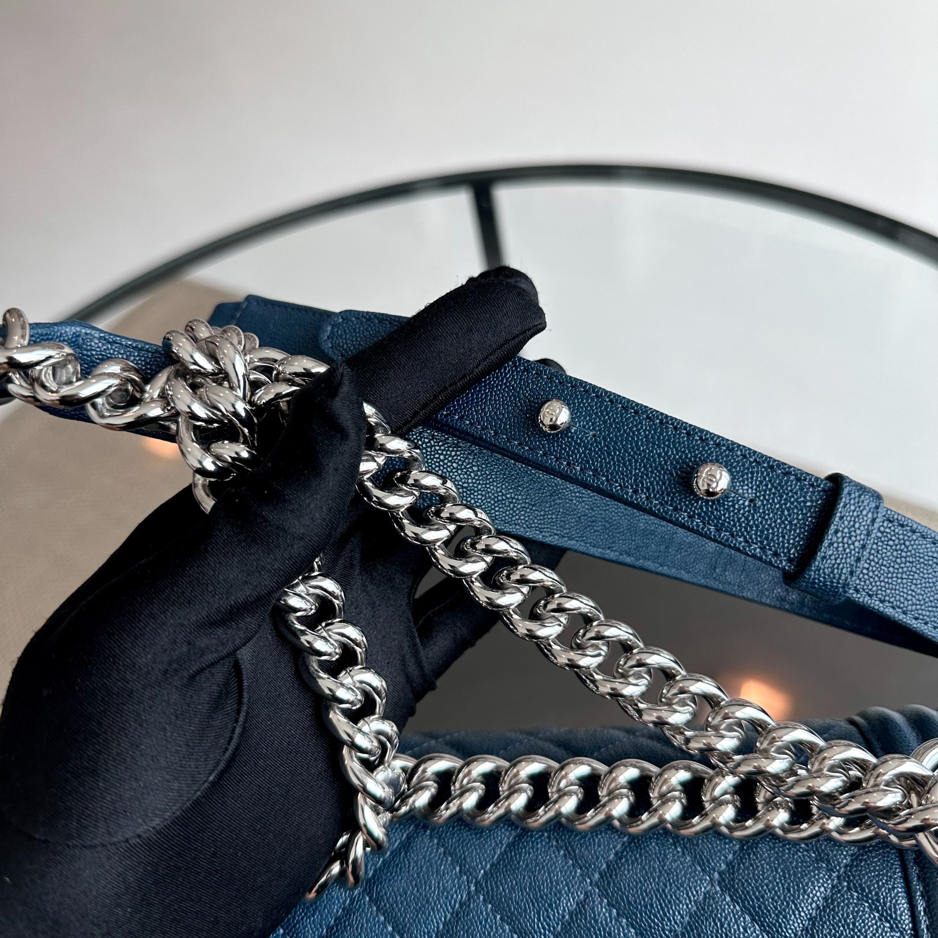 *Like New, Series 28* Chanel Caviar Boy Old Medium 25CM Quilted Calfskin Dark Blue No 28 - Luxury Evermore