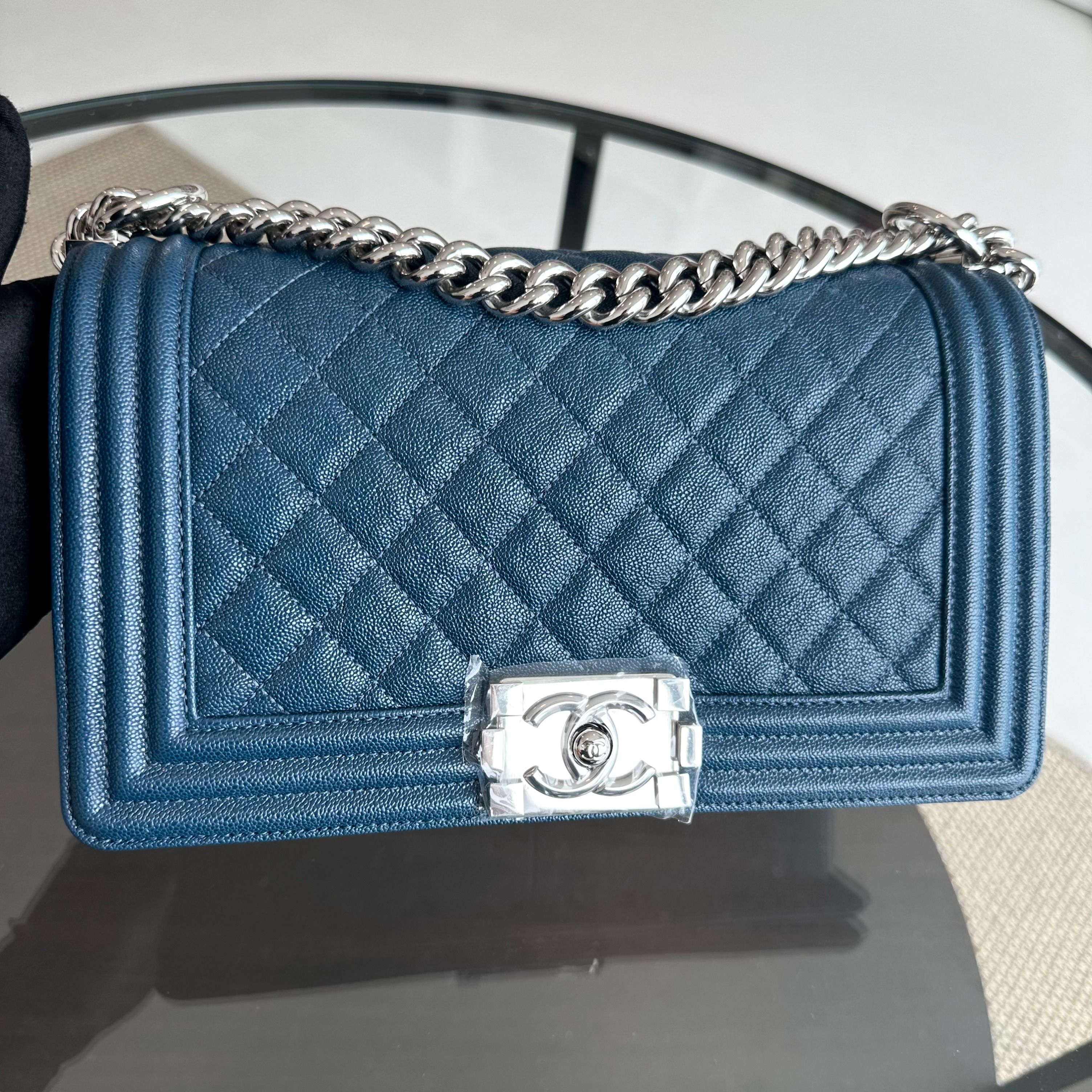 *Like New, Series 28* Chanel Caviar Boy Old Medium 25CM Quilted Calfskin Dark Blue No 28 - Luxury Evermore