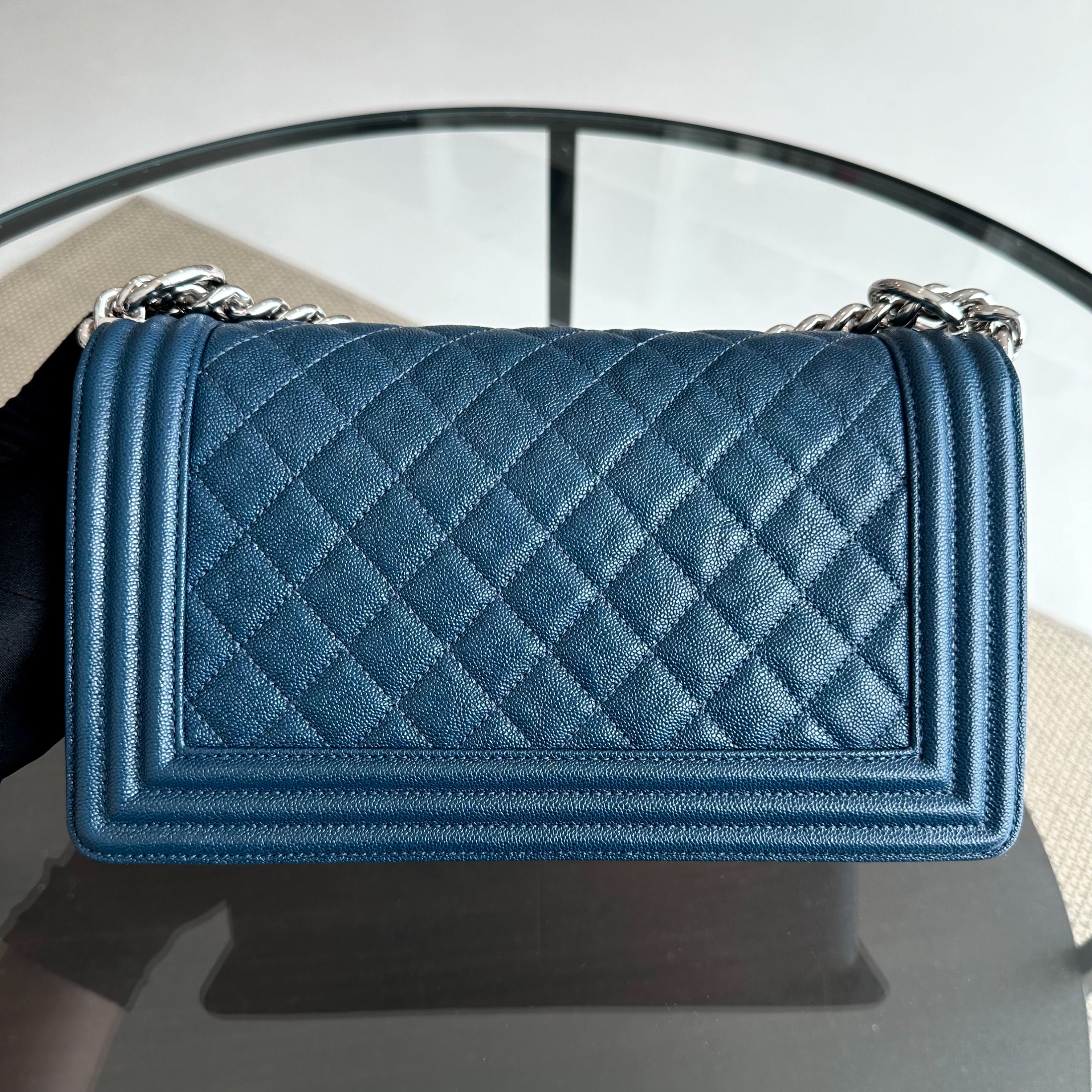 *Like New, Series 28* Chanel Caviar Boy Old Medium 25CM Quilted Calfskin Dark Blue No 28 - Luxury Evermore