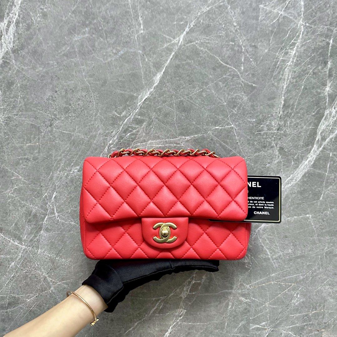 *Like New w/ Box* Chanel Mini Rectangular Classic Flap Lambskin Coral No 27 - Luxury Evermore