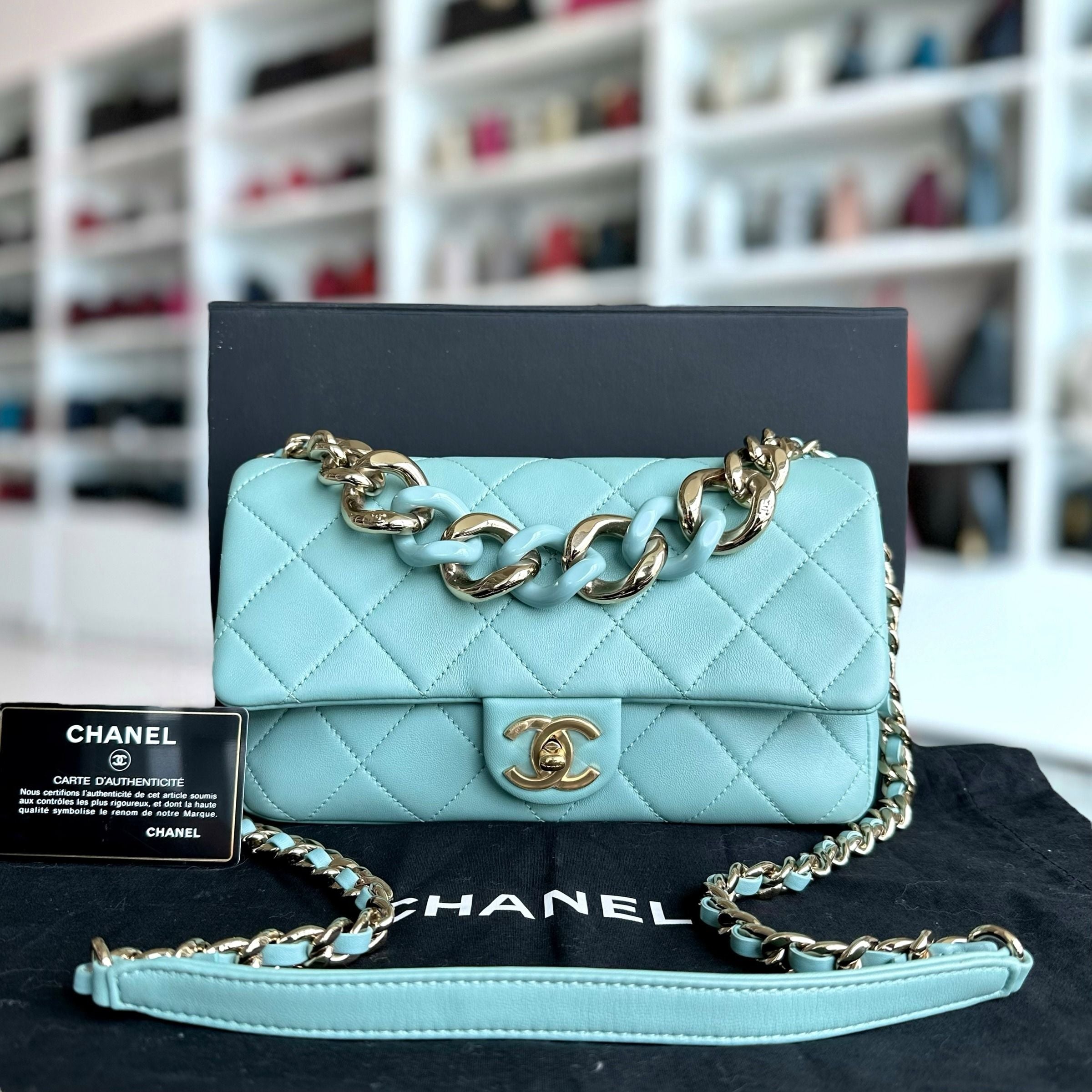 *Like New* Chanel 2020 Elegant Resin Chain Classic Flap Quilted Lambskin Light Blue GHW No 29