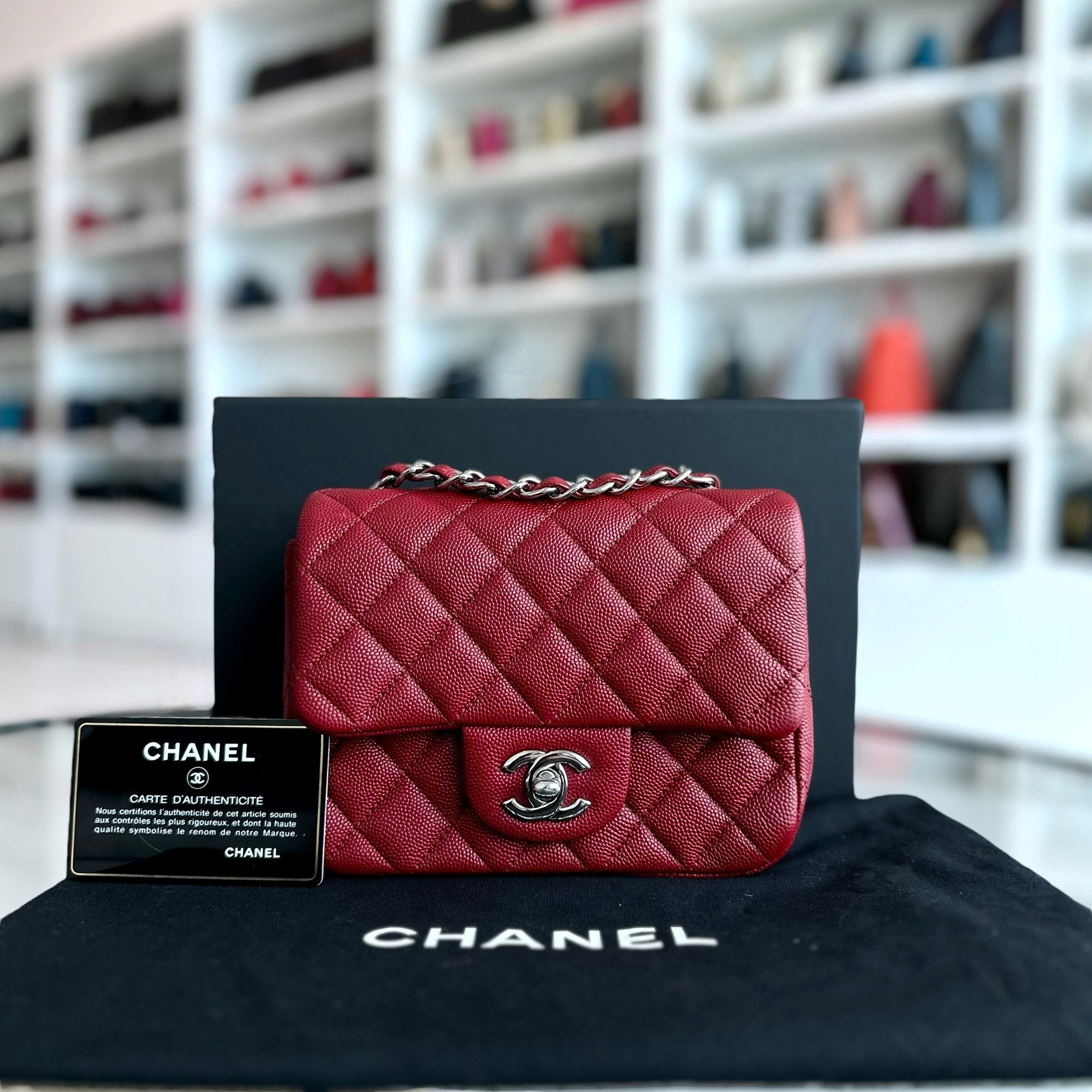 *Like New* Chanel Caviar Mini Square Classic Flap Quilted Calfskin Burgundy Red SHW No 27
