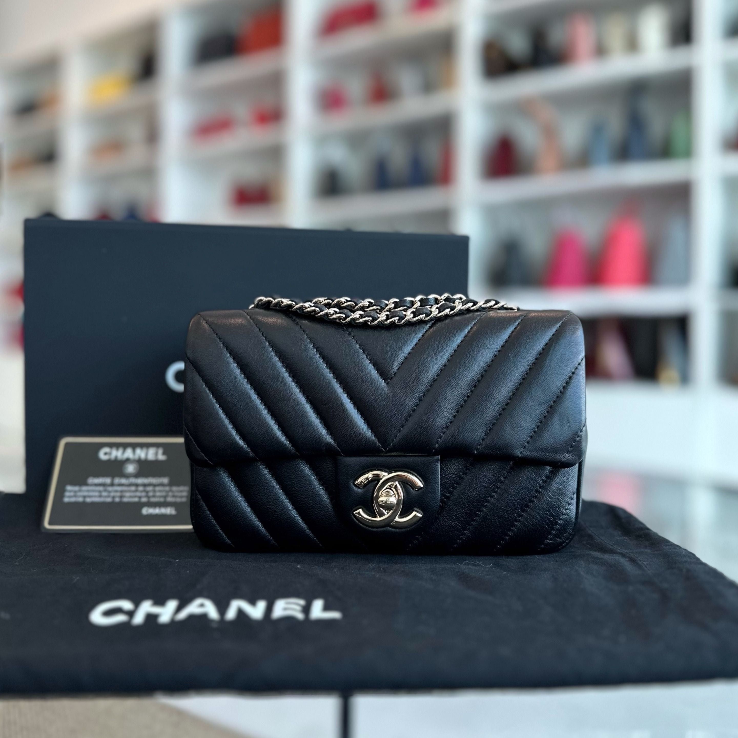 *Like New* Chanel Mini Rectangular Classic Flap 20CM Chevron Lambskin Black LGHW
