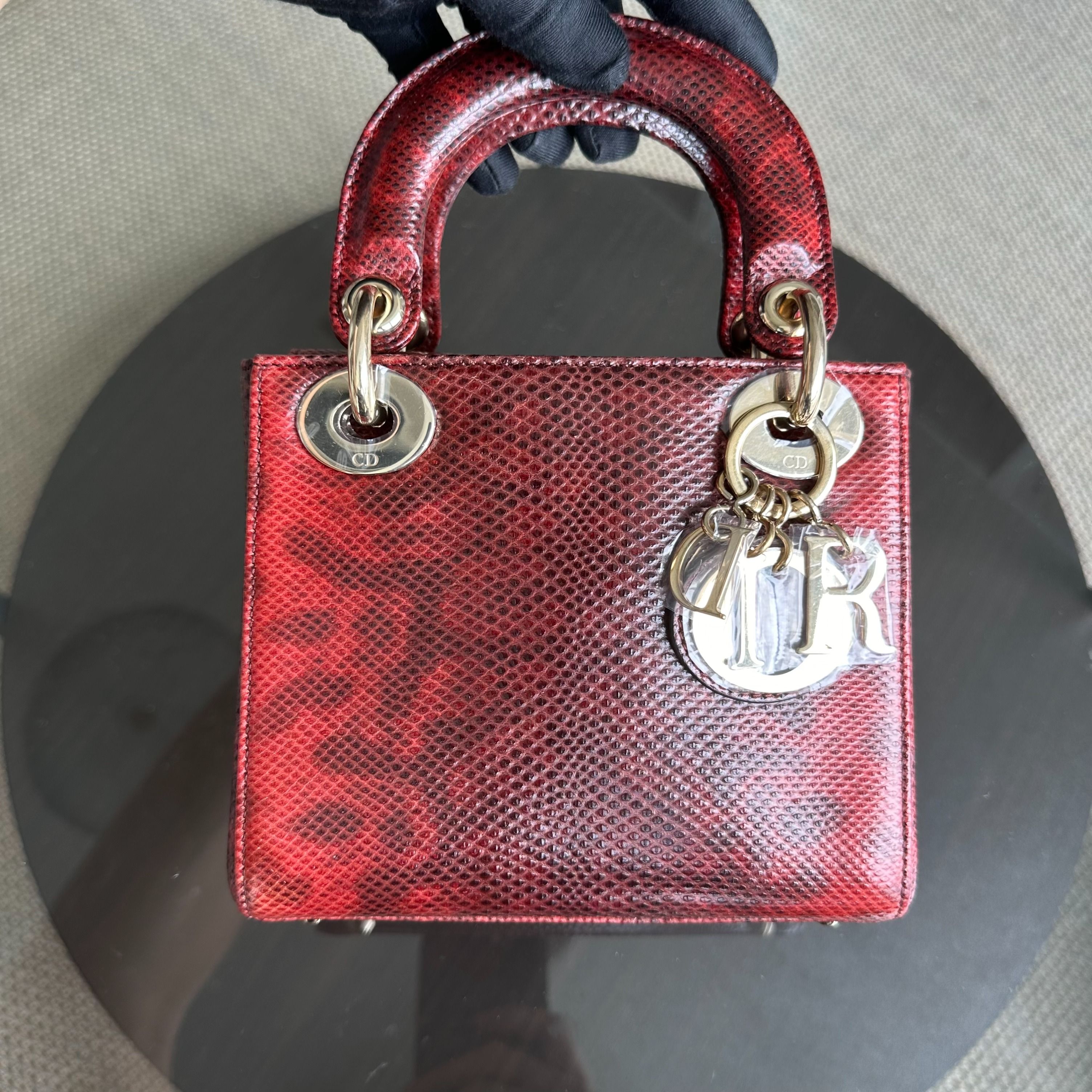 *Lizard, Chain Strap* Dior Lady Mini Exotic Lizard Leather Dark Red GHW - Luxury Evermore