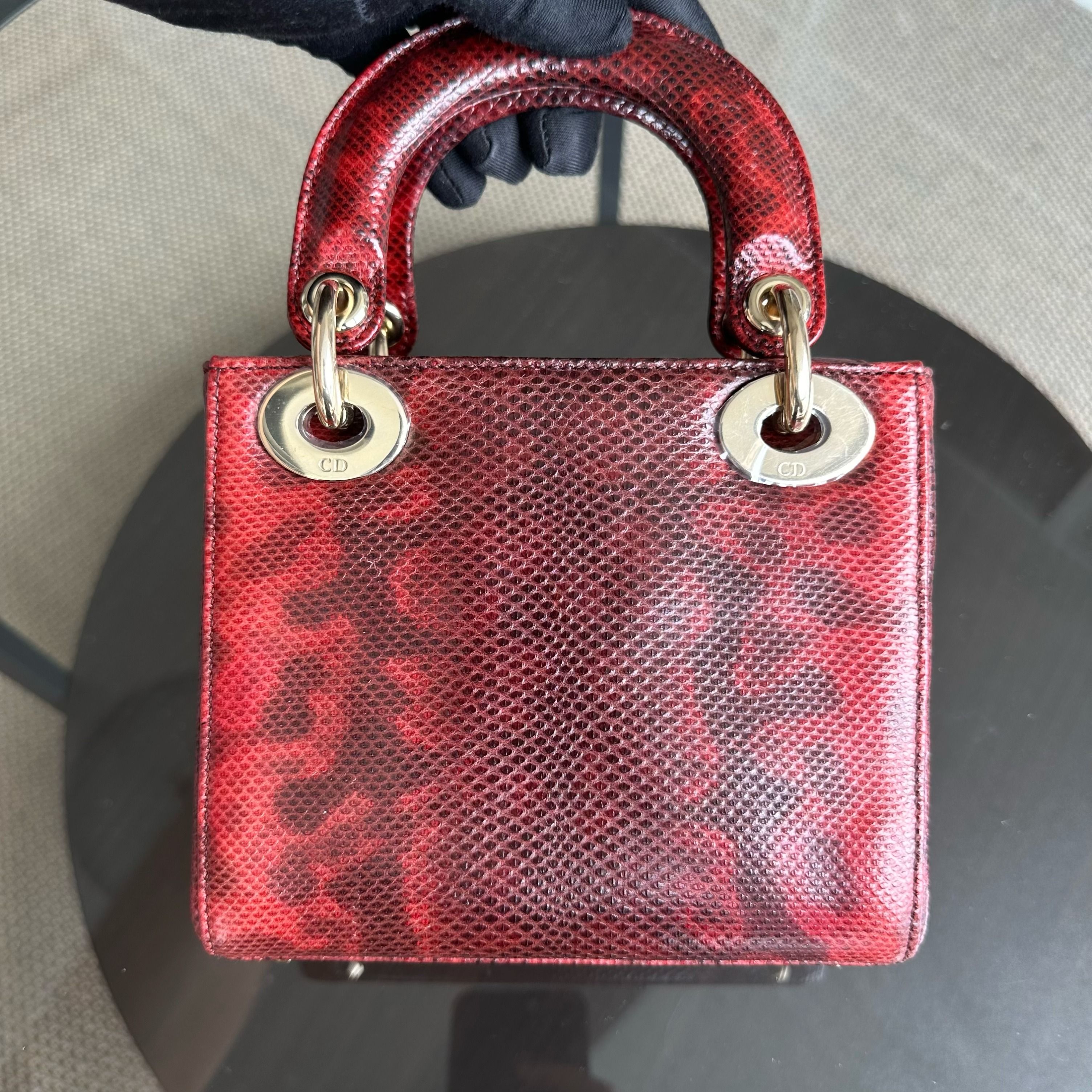 *Lizard, Chain Strap* Dior Lady Mini Exotic Lizard Leather Dark Red GHW - Luxury Evermore