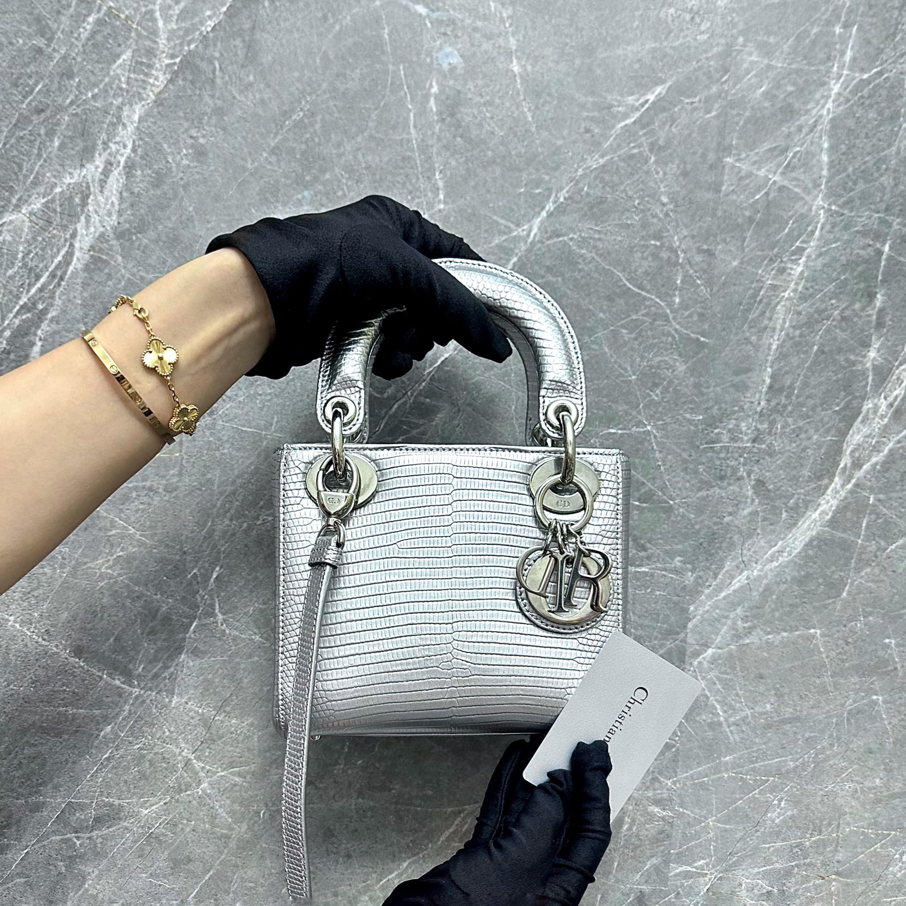 *Lizard* Dior Lady Mini Lizard Silver Metallic Adjustable Strap SHW - Luxury Evermore