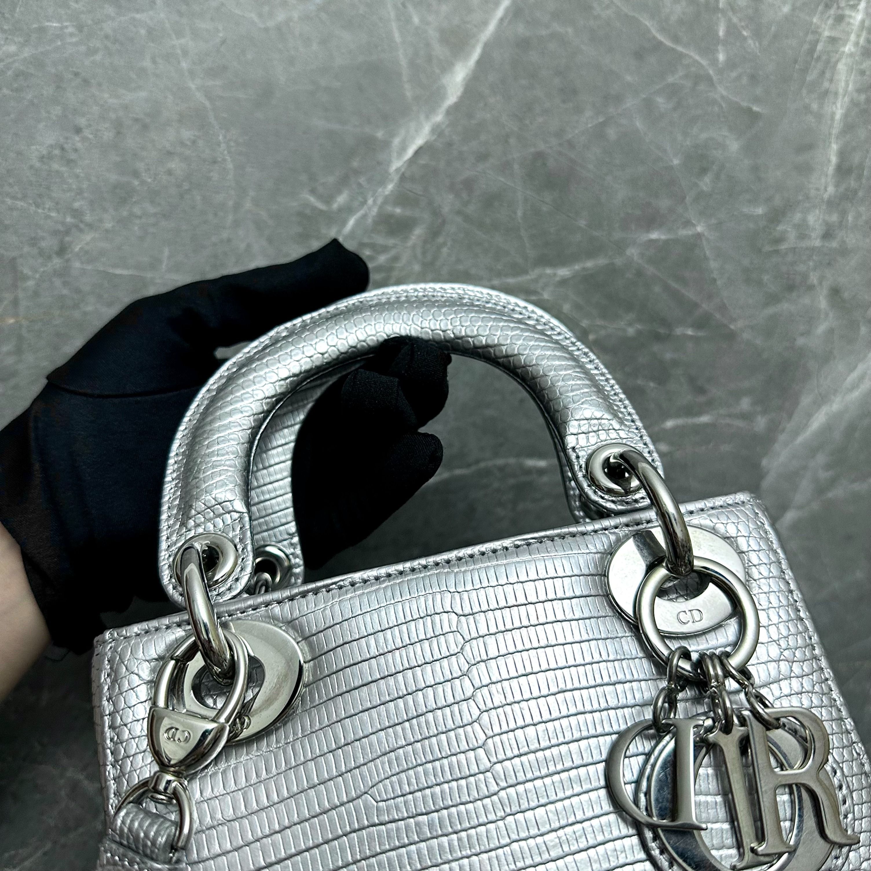 *Lizard* Dior Lady Mini Lizard Silver Metallic Adjustable Strap SHW - Luxury Evermore