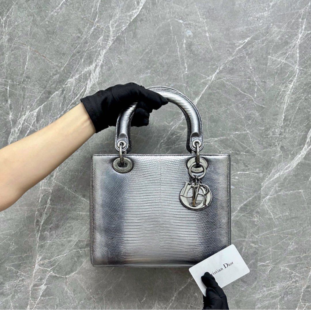 *Lizard, No Strap* Dior Lady Medium Exotic Lizard Leather Silver SHW - Luxury Evermore