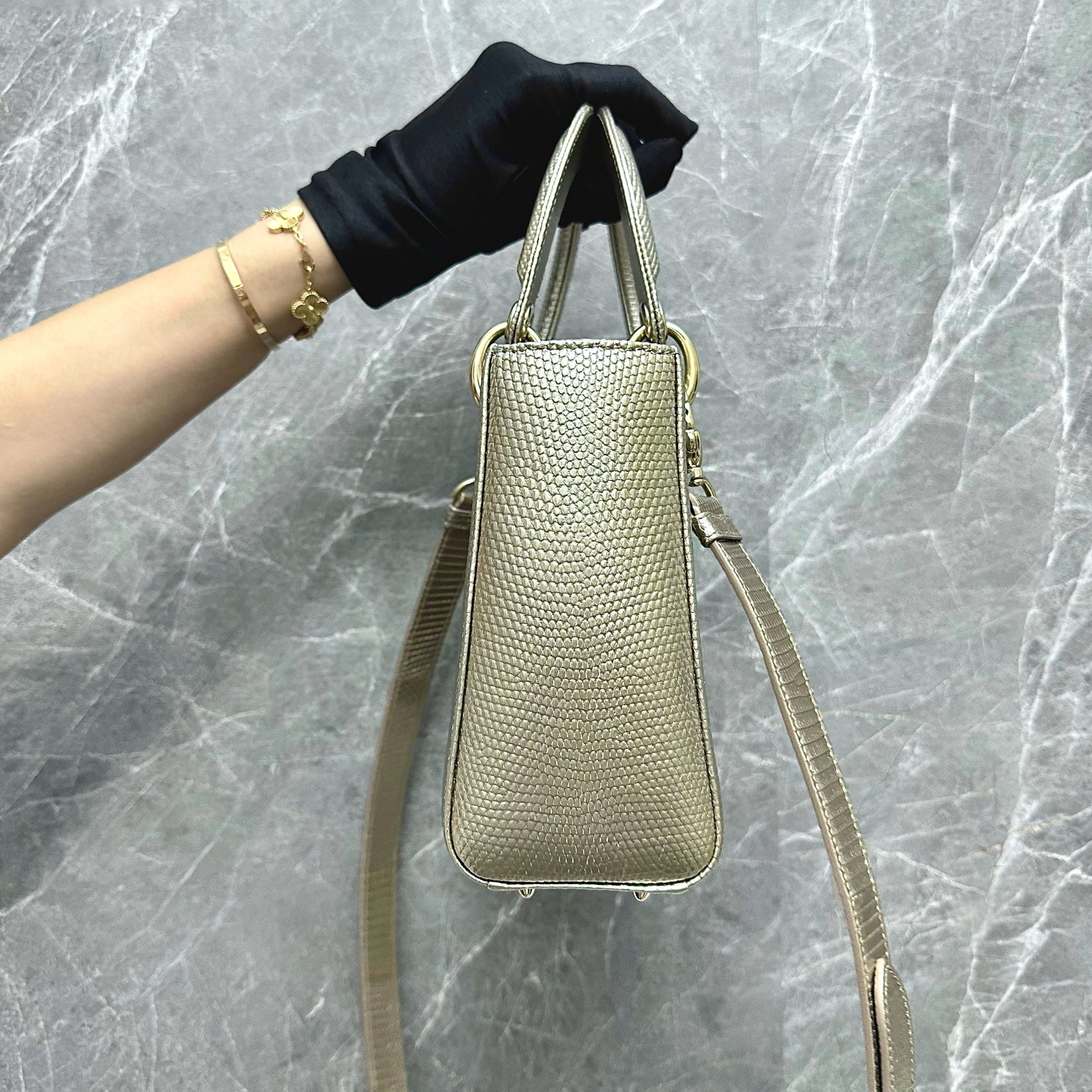 *Lizard, Receipt, Like New* Dior Lady Small Lizard Leather Adjustable Strap Gold GHW - Luxury Evermore