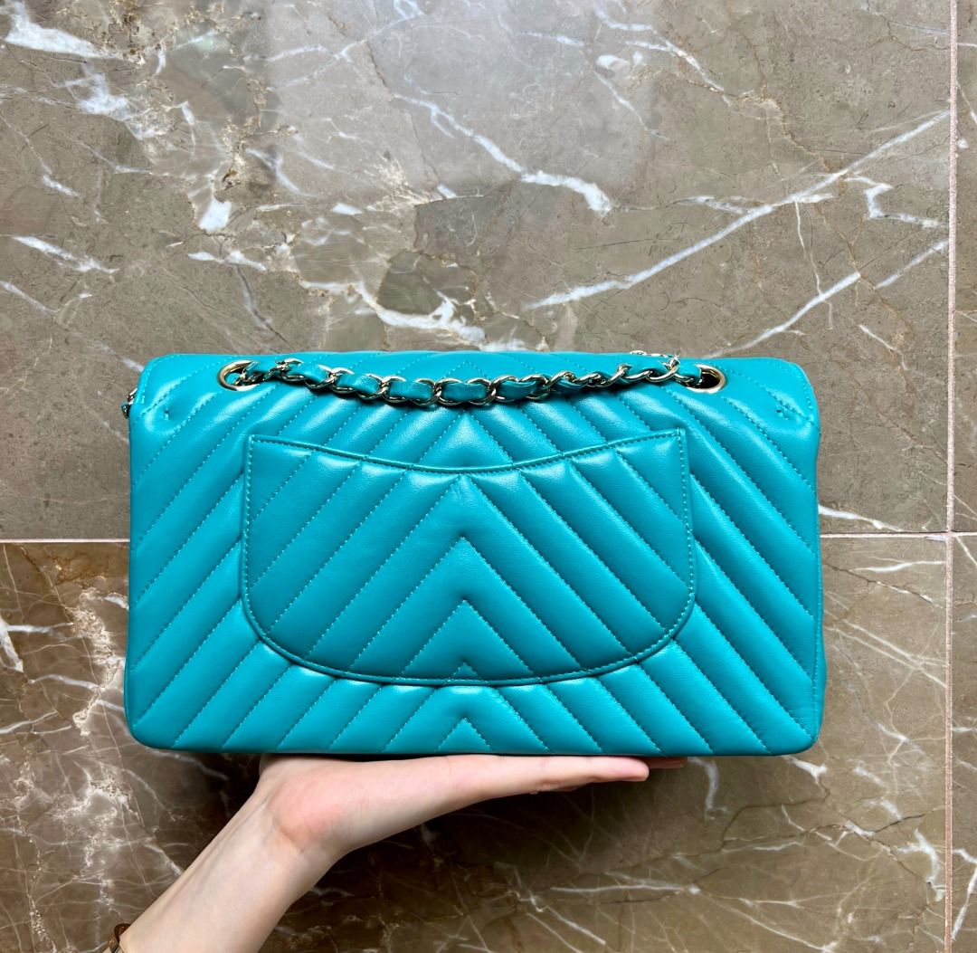 LNIB Chanel Classic Flap Medium Chevron Blue GHW No 24 - Luxury Evermore