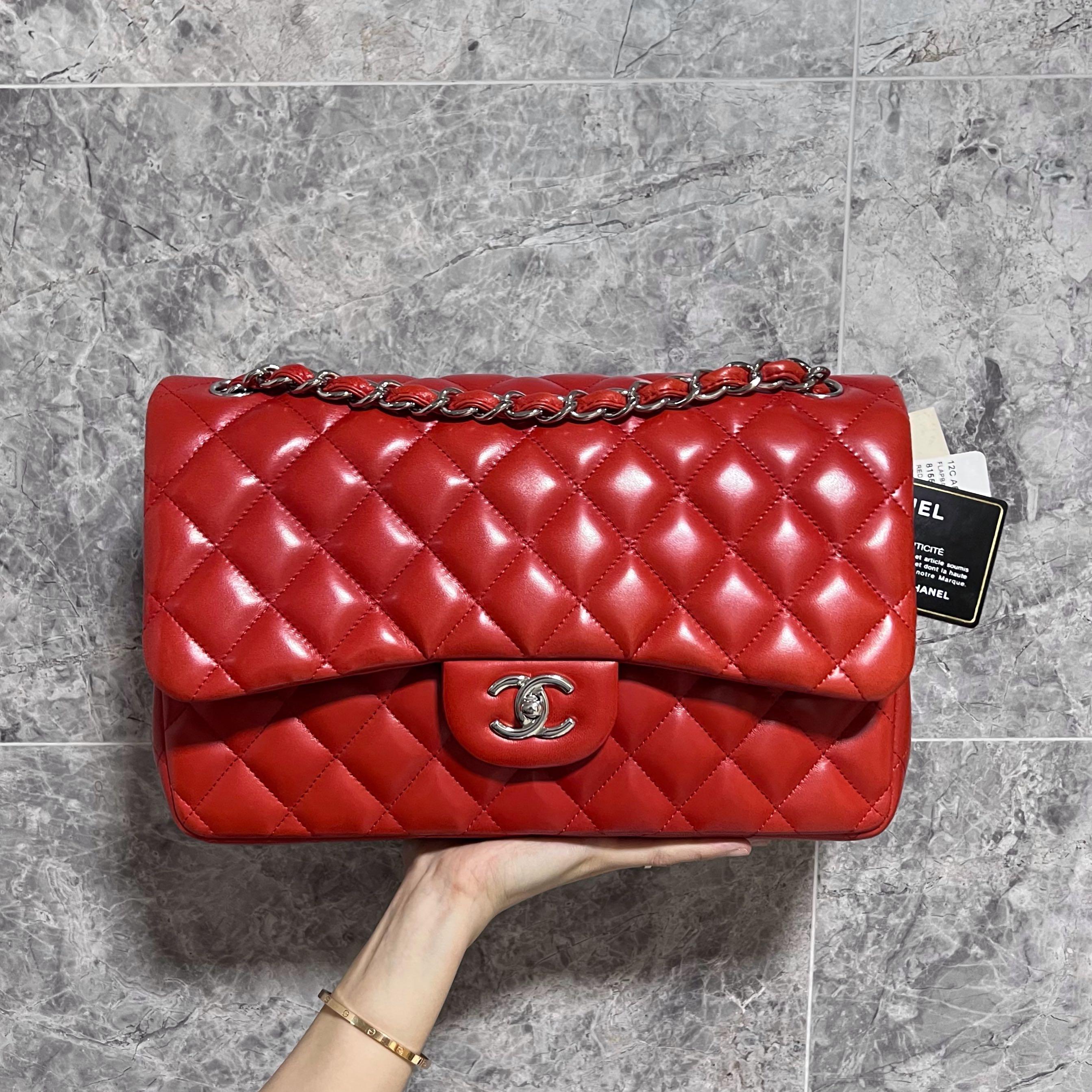 LNIB Chanel Jumbo Classic Double Flap Lambskin Red No 15 - Luxury Evermore