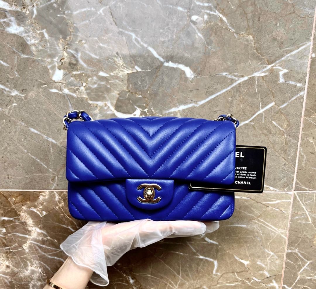 LNIB Chanel Mini Classic Flap Rectangular Mini Lambskin Blue Chevron SHW No 24 - Luxury Evermore