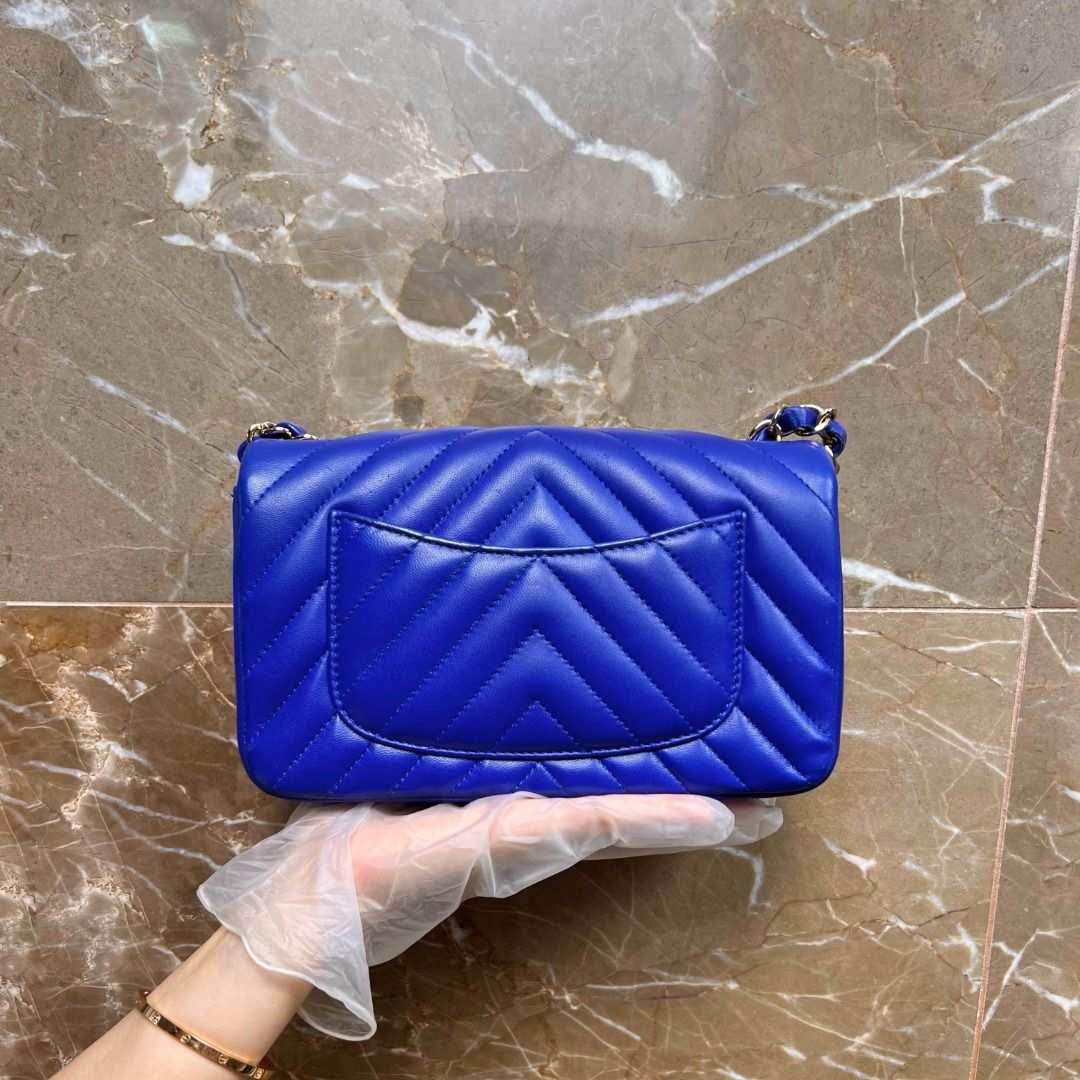 LNIB Chanel Mini Classic Flap Rectangular Mini Lambskin Blue Chevron SHW No 24 - Luxury Evermore