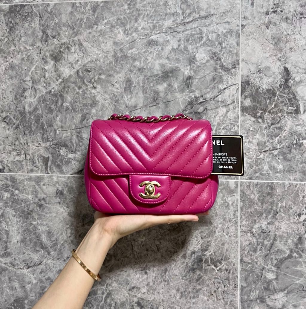 LNIB Chanel Mini Square Classic Flap Lambskin Chevron Hot Pink GHW No 24 - Luxury Evermore