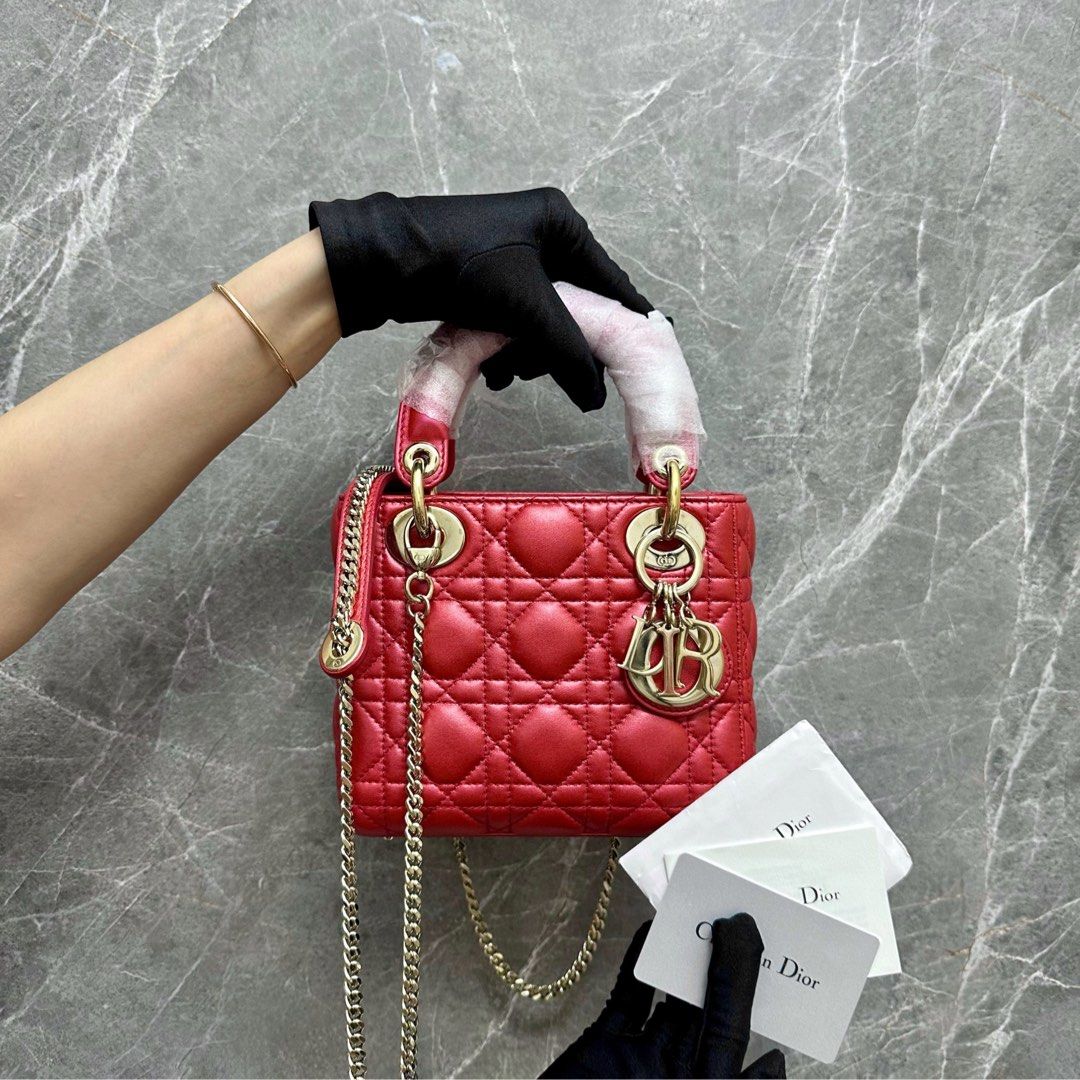 LNIB Dior Lady Mini Lambskin Iridescent Red GHW - Luxury Evermore