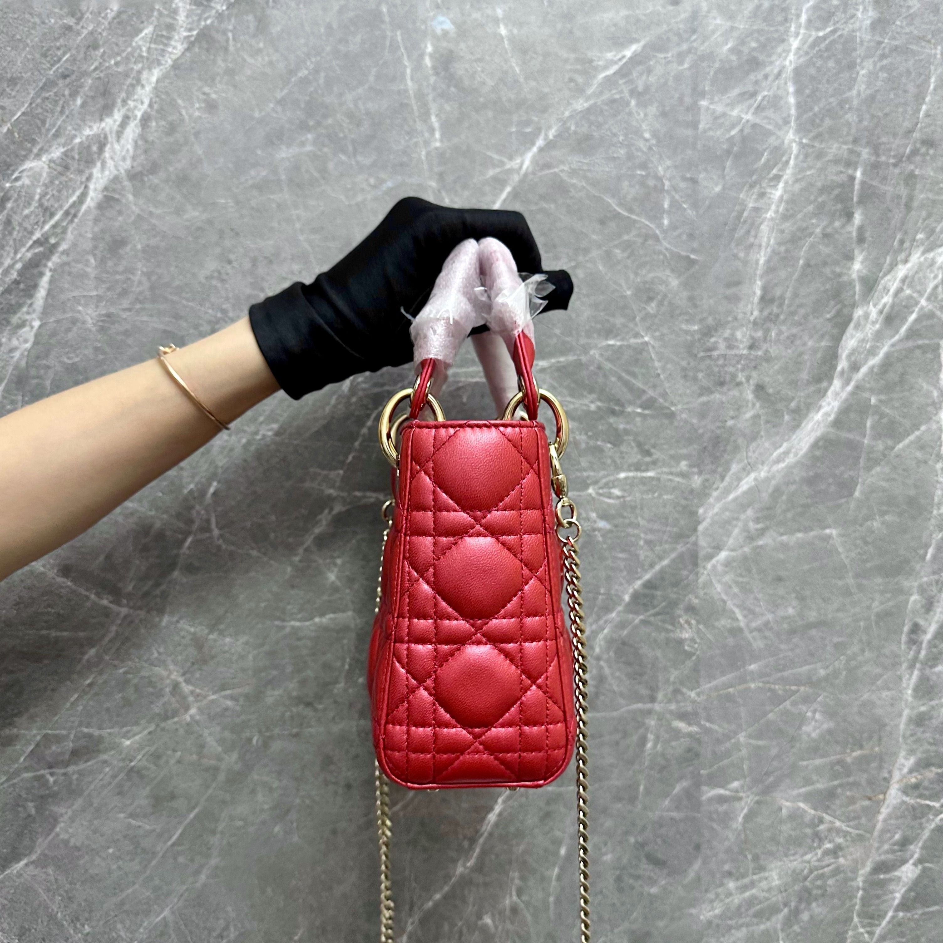 LNIB Dior Lady Mini Lambskin Iridescent Red GHW - Luxury Evermore