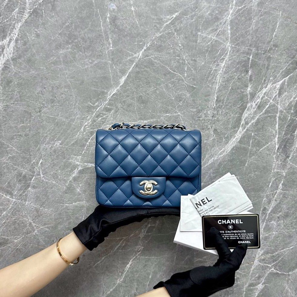 *Local Receipt Full Set* Chanel Classic Flap Mini Square Blue SHW No 23 - Luxury Evermore