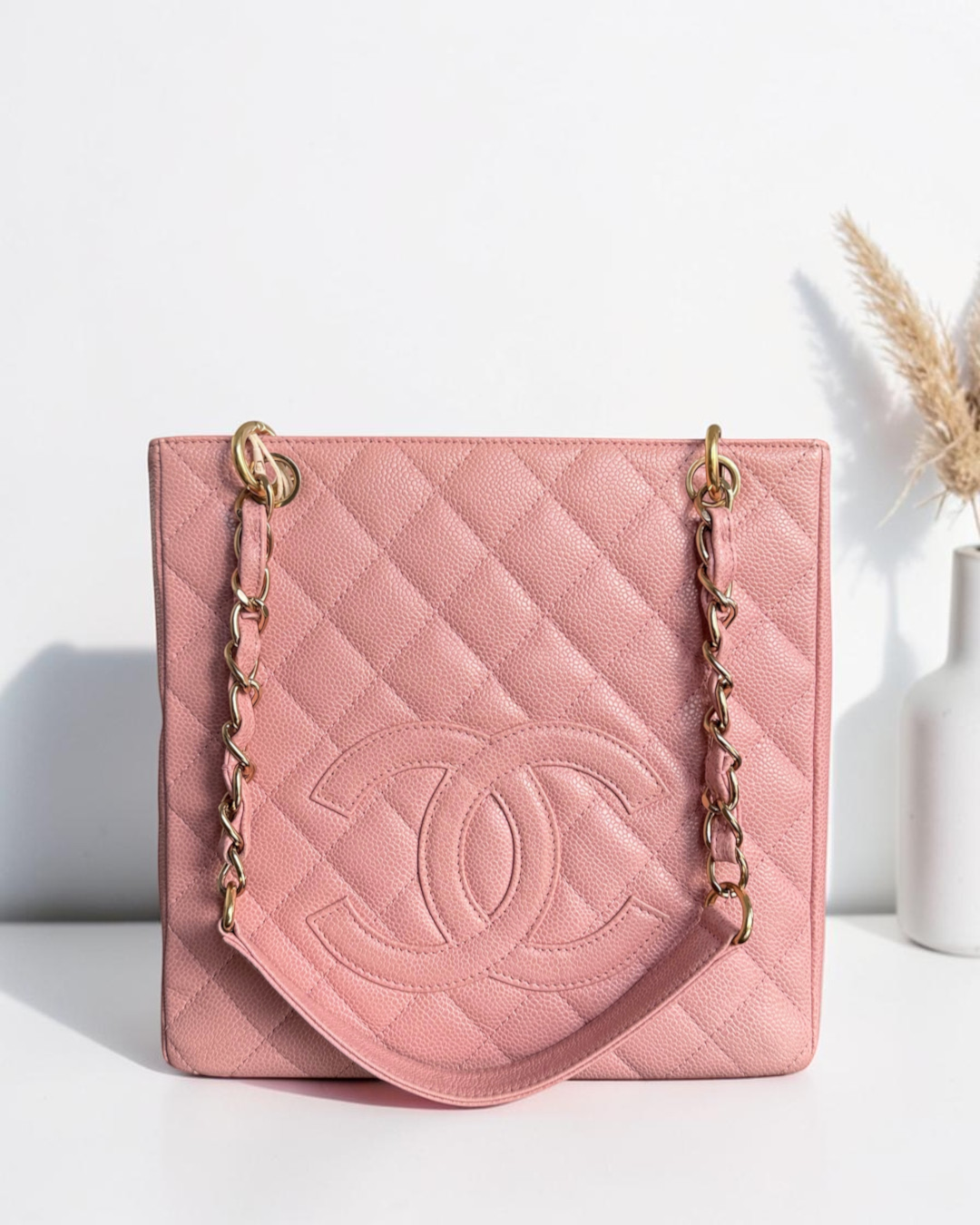 Luxury Evermore Chanel PST Petite Shopping Tote in quilted light pink caviar leather with gold hardware