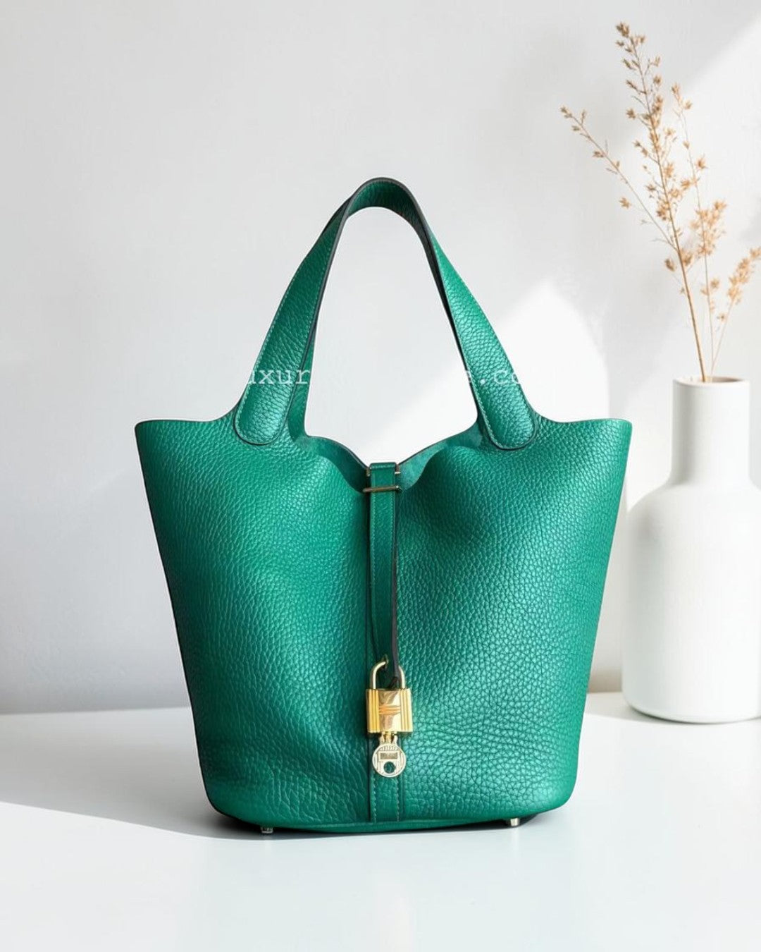 Luxury Evermore Hermes Picotin 22 手提包，采用竹绿色 Clemence 皮革与金色五金配件，配有标志性锁扣。