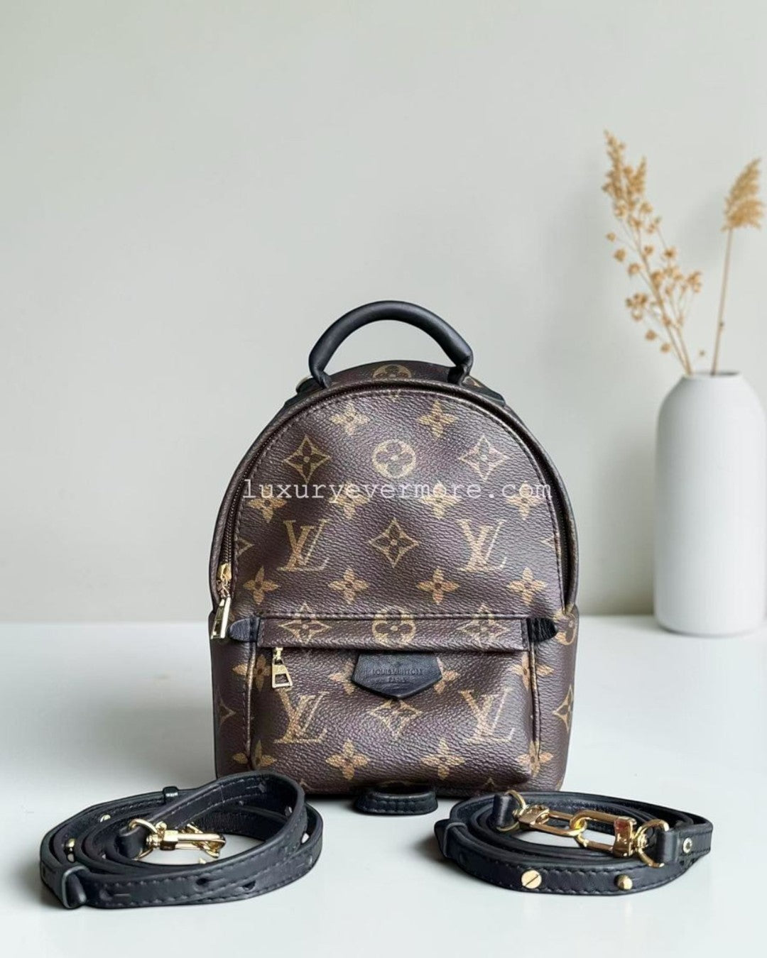 Luxury Evermore 出售的 Louis Vuitton Palm Springs Mini 迷你双肩包，采用经典棕色老花帆布材质，配有黑色皮革饰边和可拆卸肩带。