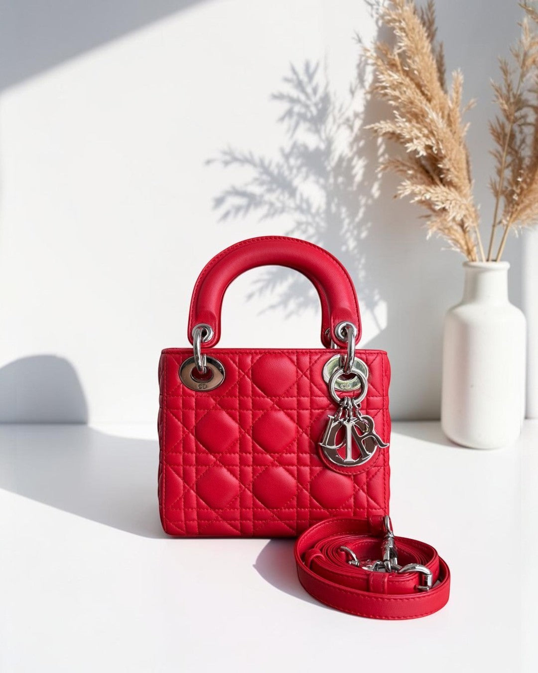 Luxury Evermore red quilted leather mini handbag with top handle and detachable shoulder strap, silver hardware.
