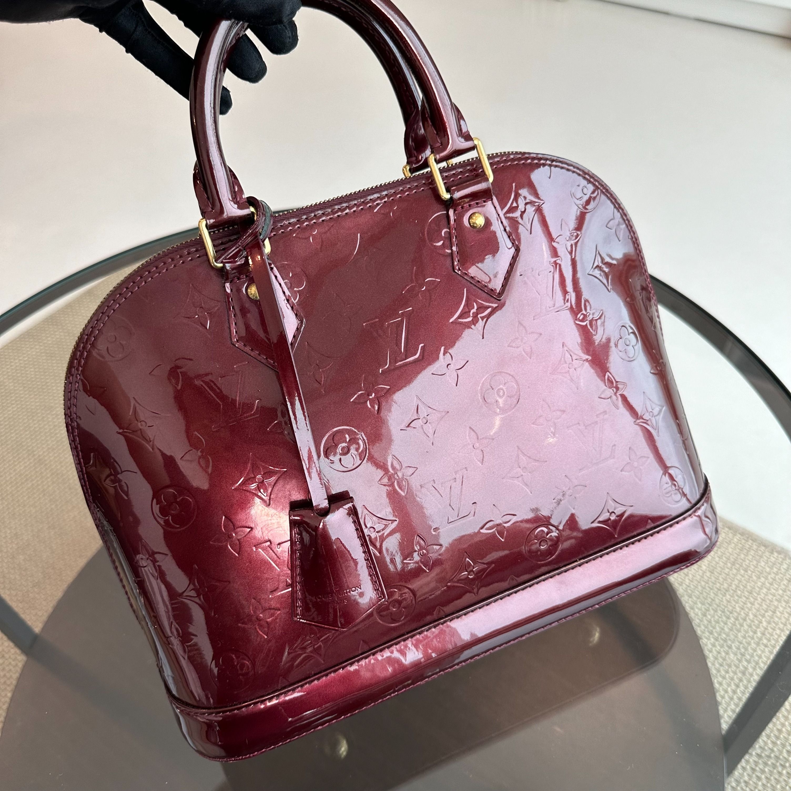 LV Louis Vuitton Alma PM Vernis Patent Leather Plum GHW - Luxury Evermore