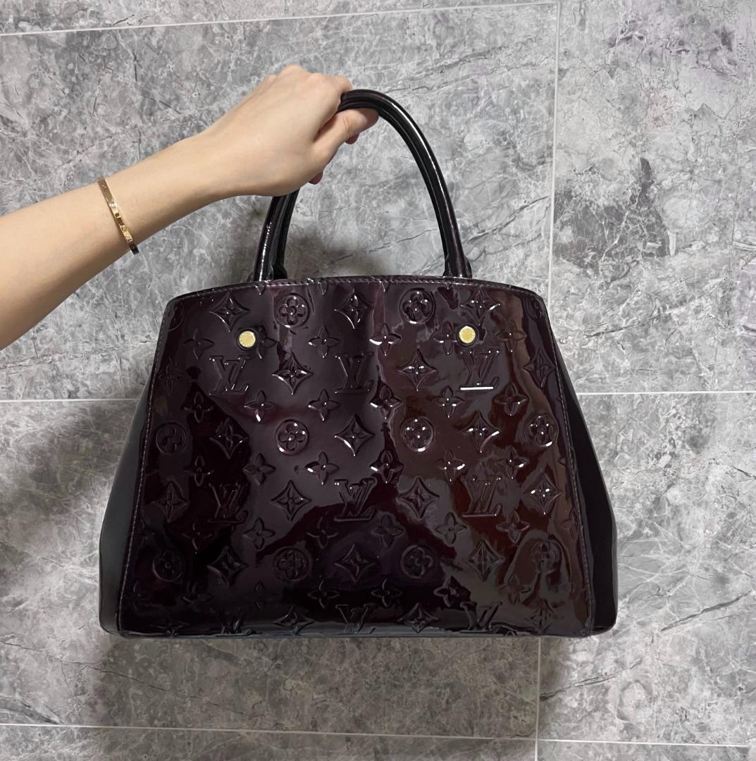 LV Montaigne MM Plum Red Patent Leather - Luxury Evermore