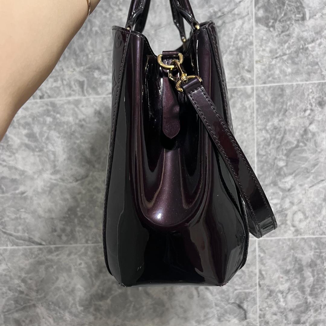 LV Montaigne MM Plum Red Patent Leather - Luxury Evermore