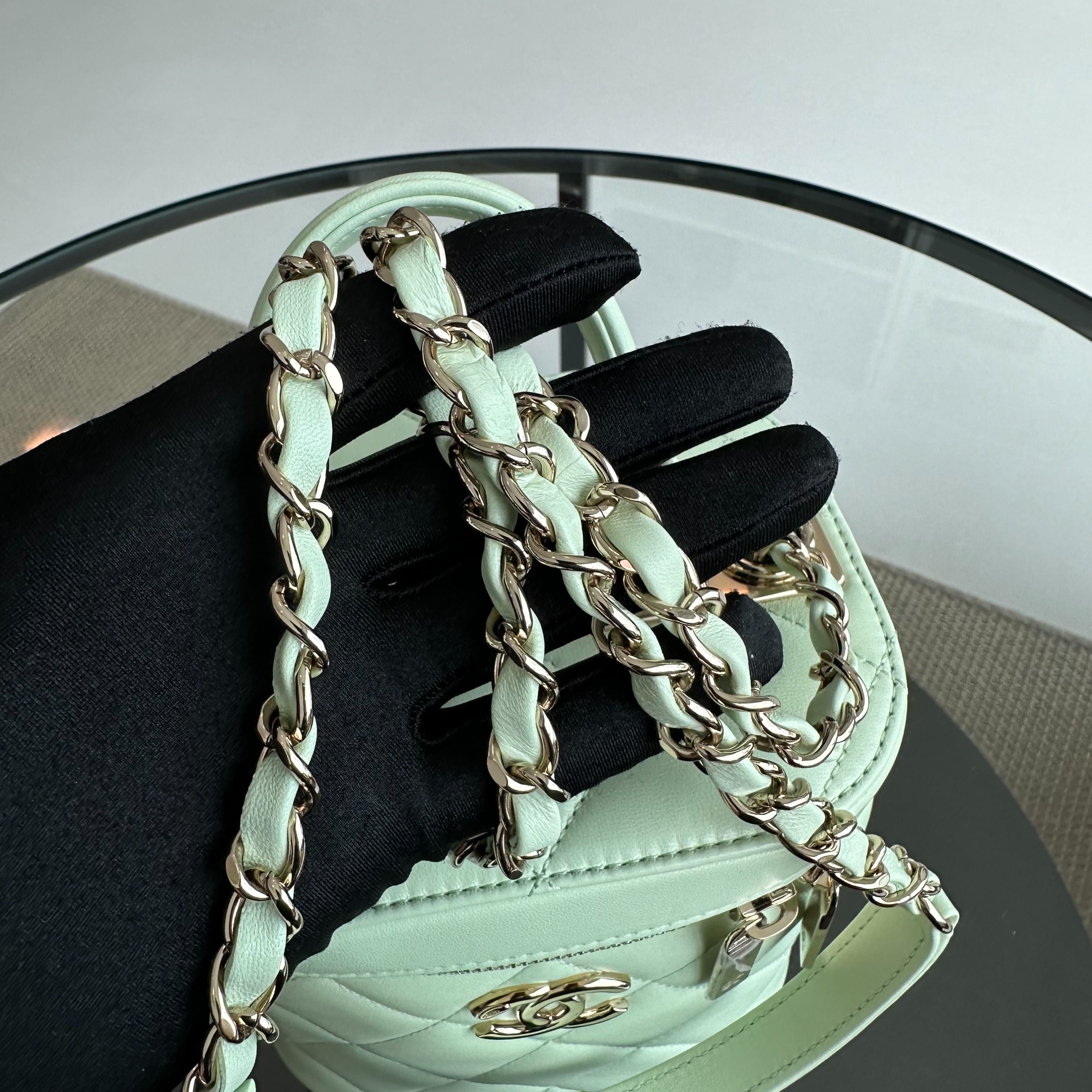 *Microchip, Brand New* Chanel Trendy CC Vanity Small Light Green Lambskin - Luxury Evermore