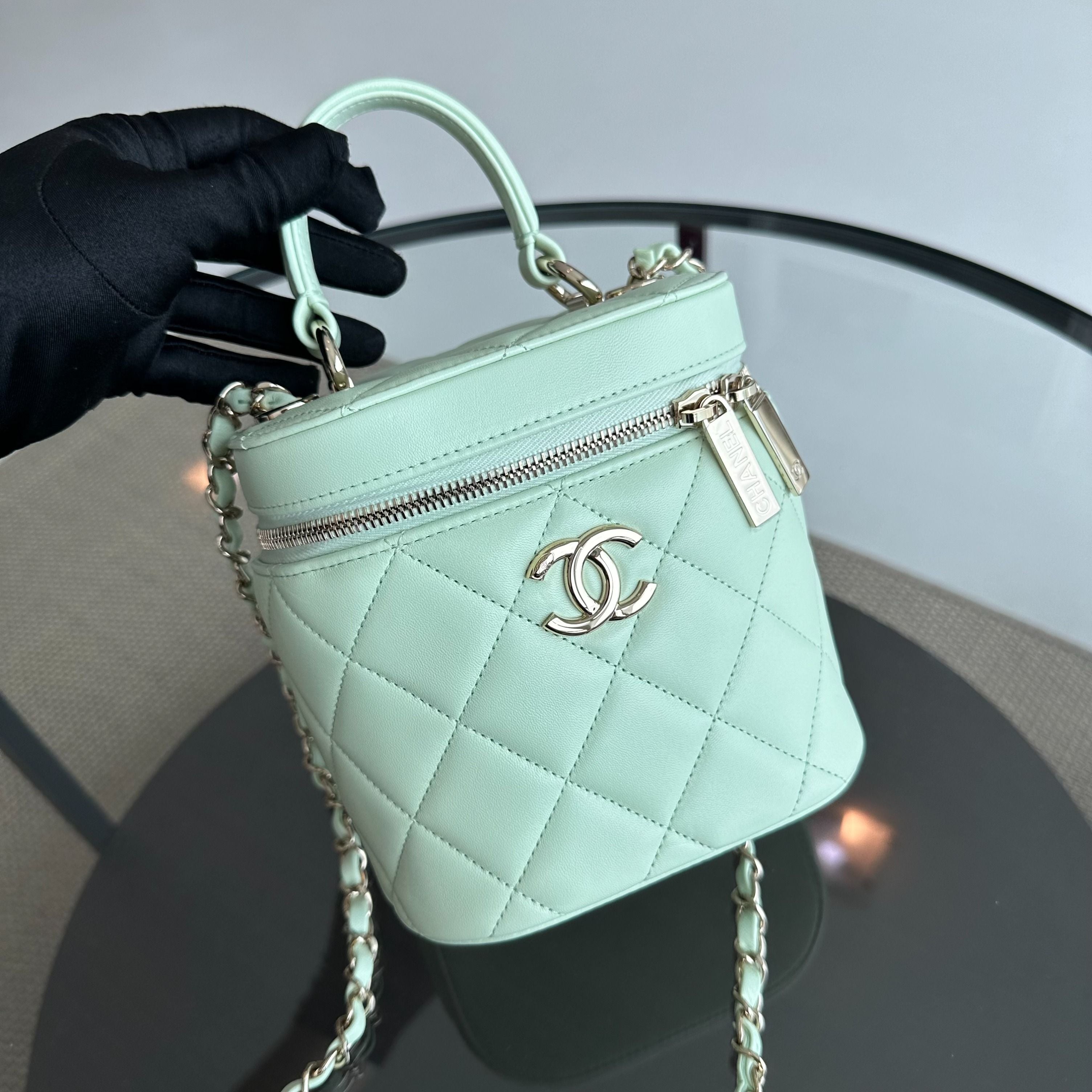 *Microchip, Brand New* Chanel Trendy CC Vanity Small Light Green Lambskin - Luxury Evermore