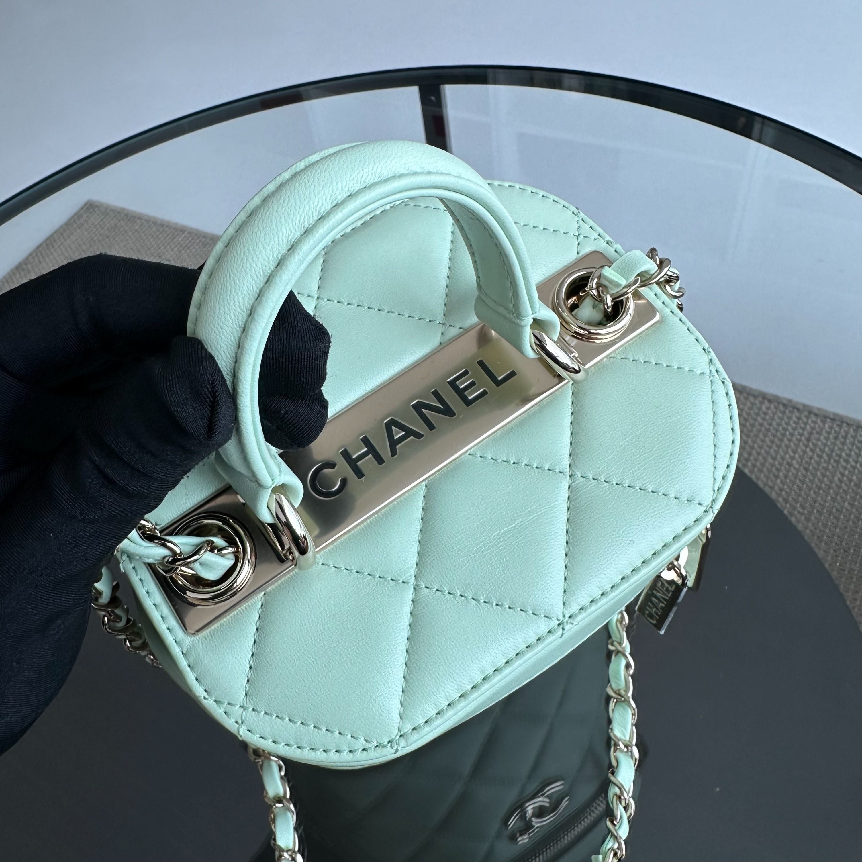 *Microchip, Brand New* Chanel Trendy CC Vanity Small Light Green Lambskin - Luxury Evermore