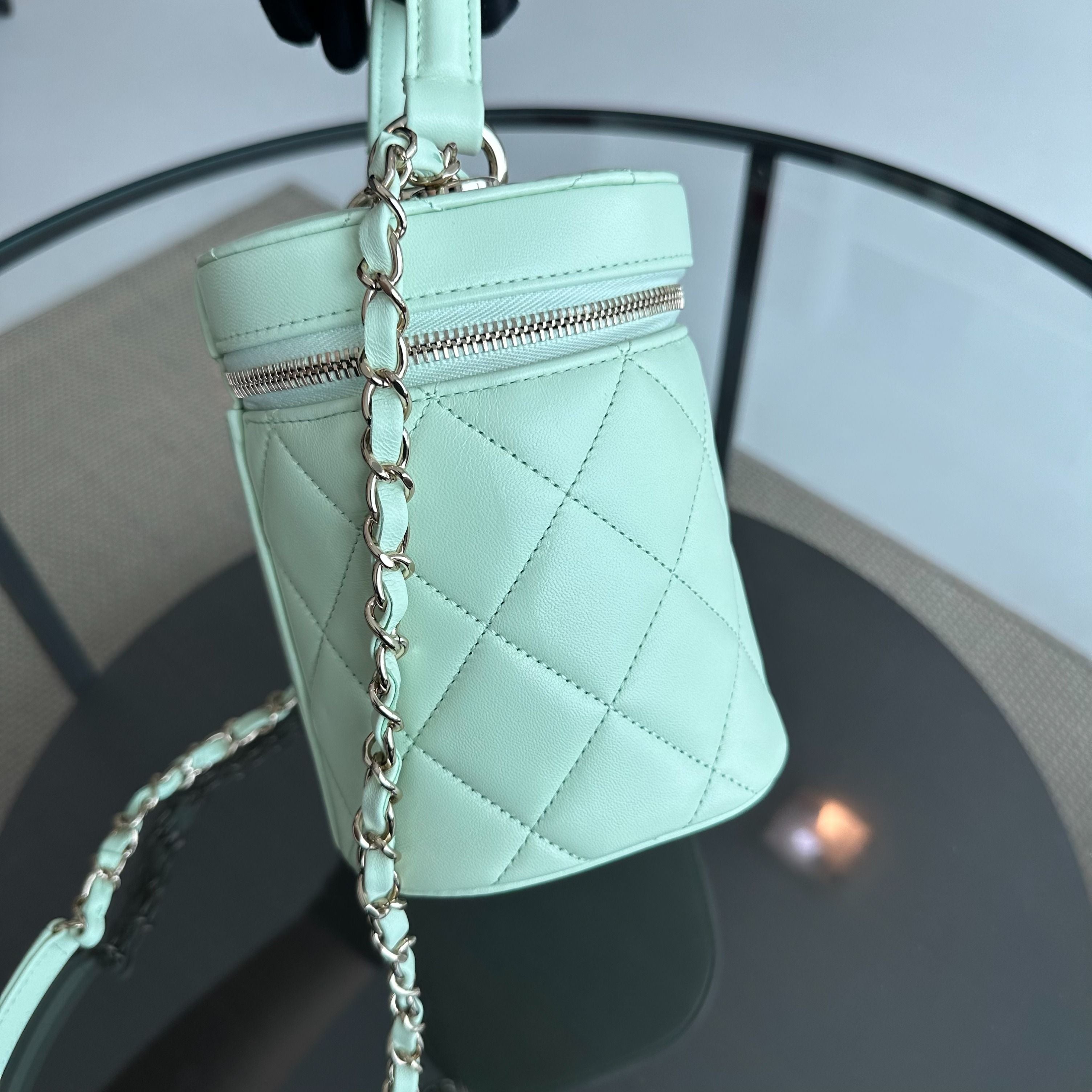 *Microchip, Brand New* Chanel Trendy CC Vanity Small Light Green Lambskin - Luxury Evermore