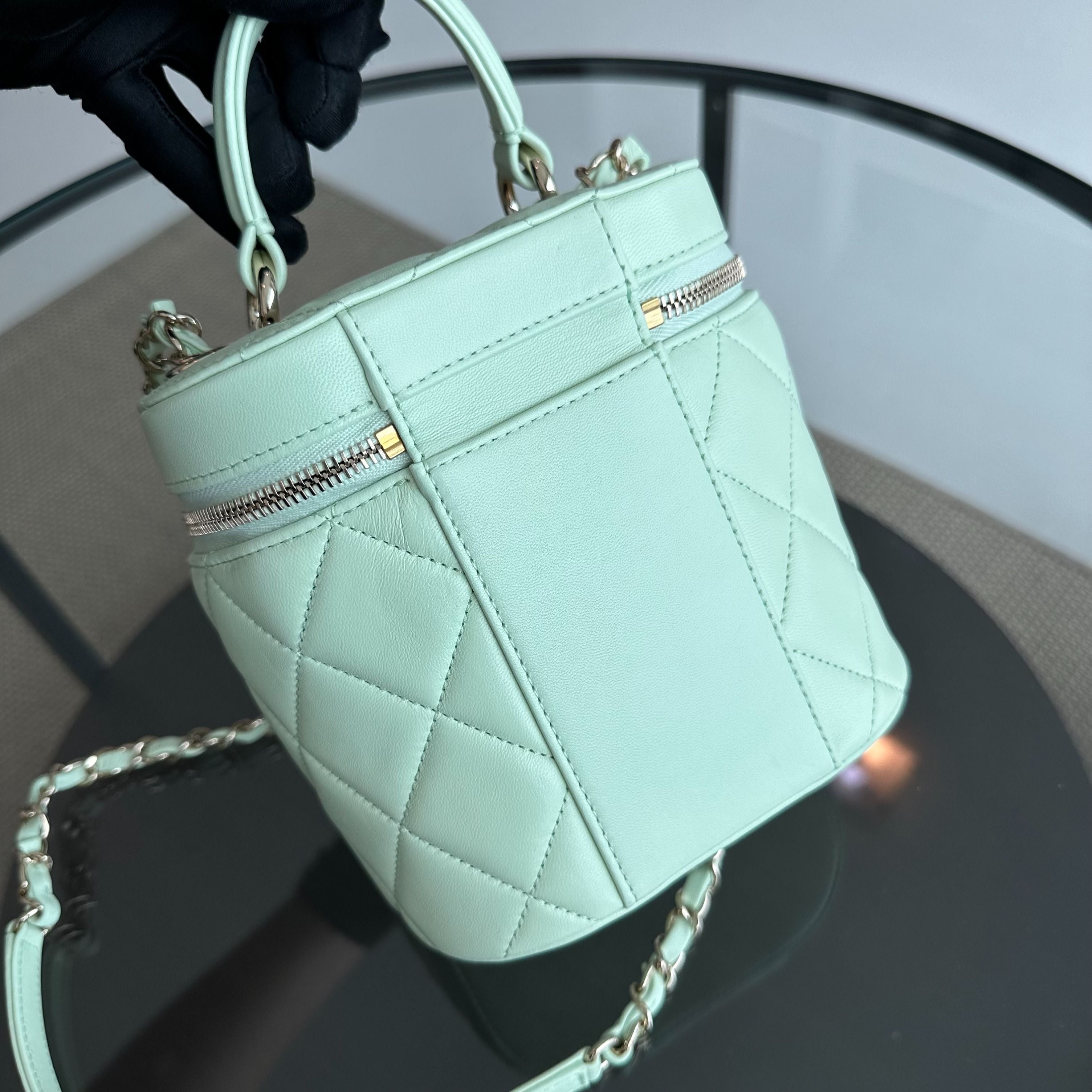 *Microchip, Brand New* Chanel Trendy CC Vanity Small Light Green Lambskin - Luxury Evermore