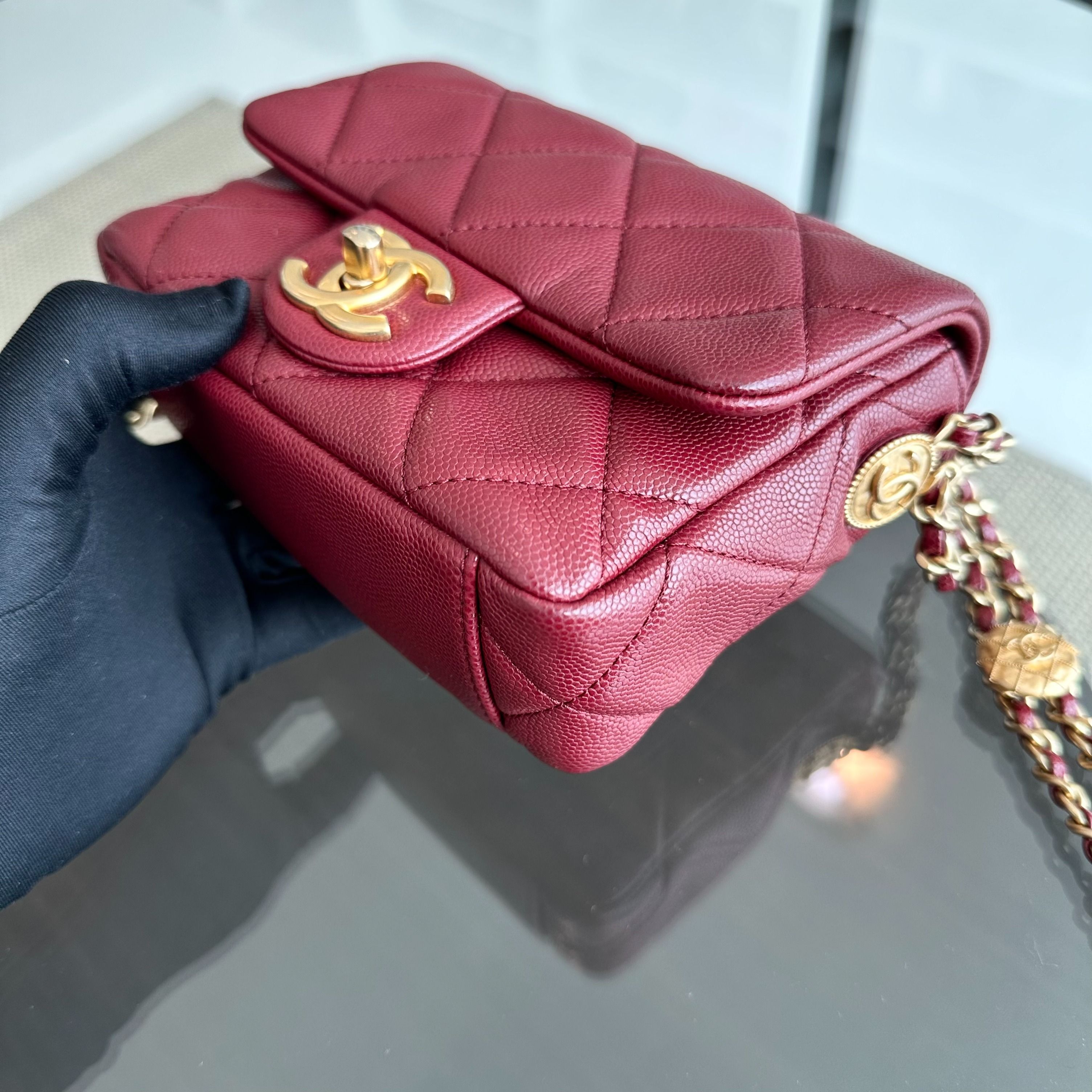 *Microchip* Chanel Caviar 2022 Mini Rectangular Quilted Twist Your Buttons Flap Burgundy GHW - Luxury Evermore