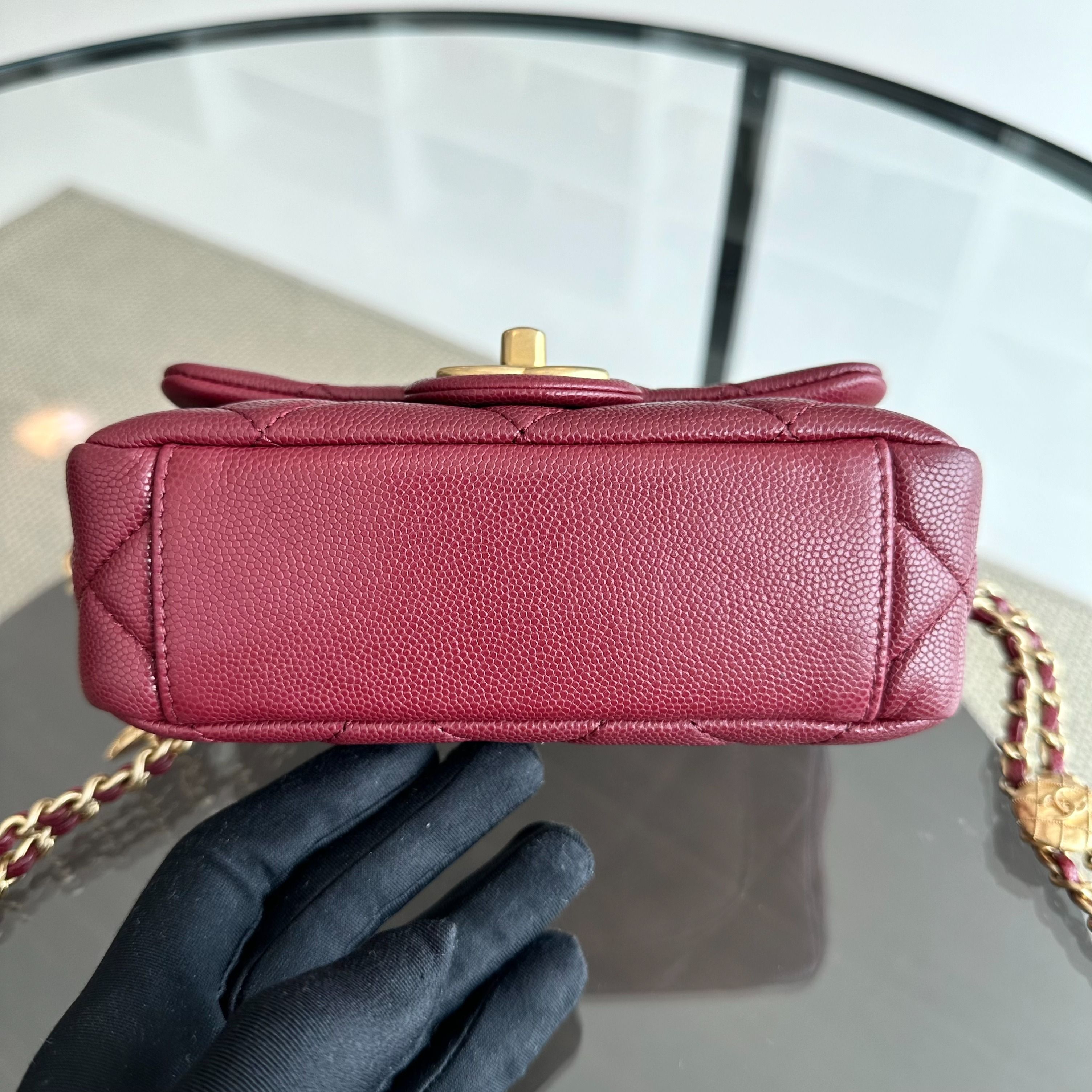 *Microchip* Chanel Caviar 2022 Mini Rectangular Quilted Twist Your Buttons Flap Burgundy GHW - Luxury Evermore