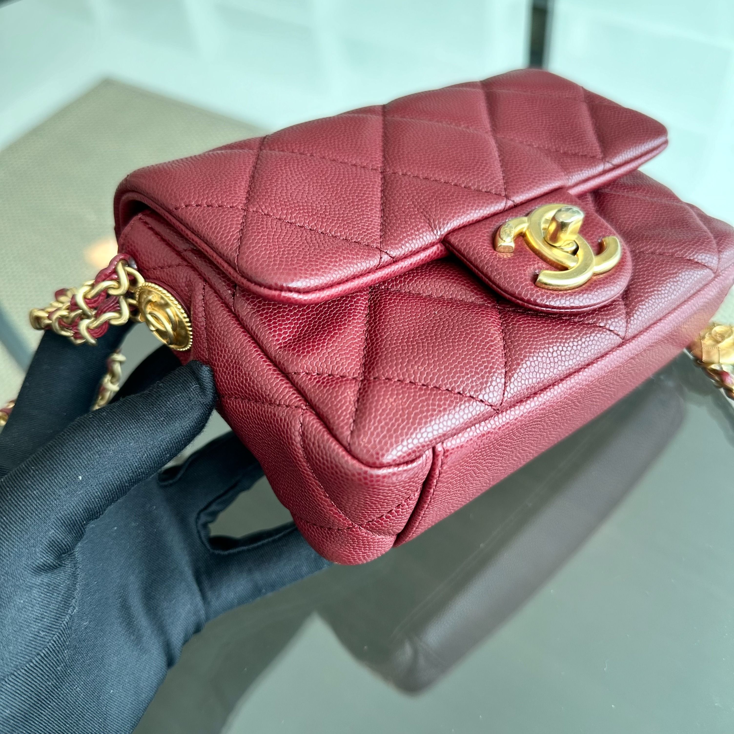 *Microchip* Chanel Caviar 2022 Mini Rectangular Quilted Twist Your Buttons Flap Burgundy GHW - Luxury Evermore