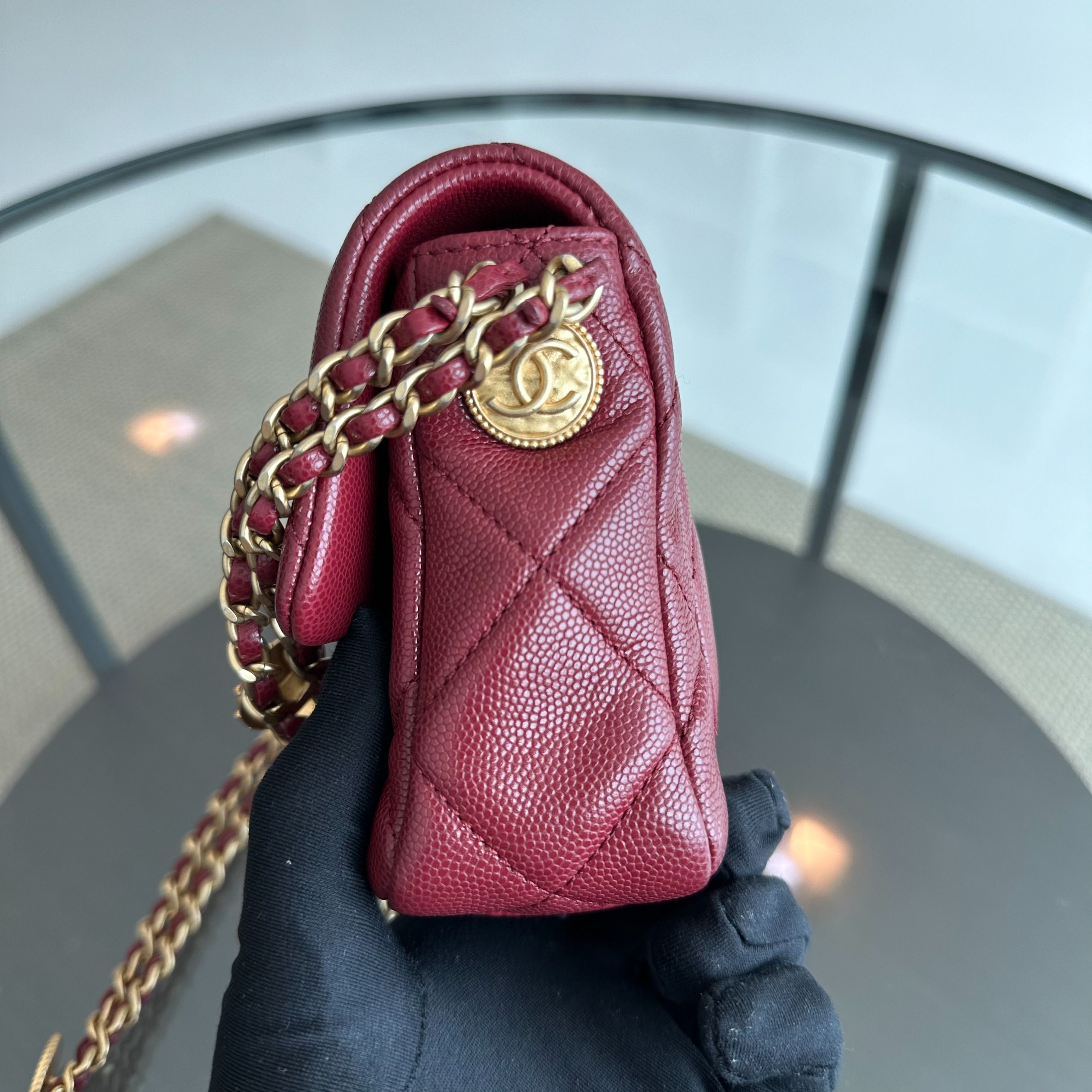 *Microchip* Chanel Caviar 2022 Mini Rectangular Quilted Twist Your Buttons Flap Burgundy GHW - Luxury Evermore